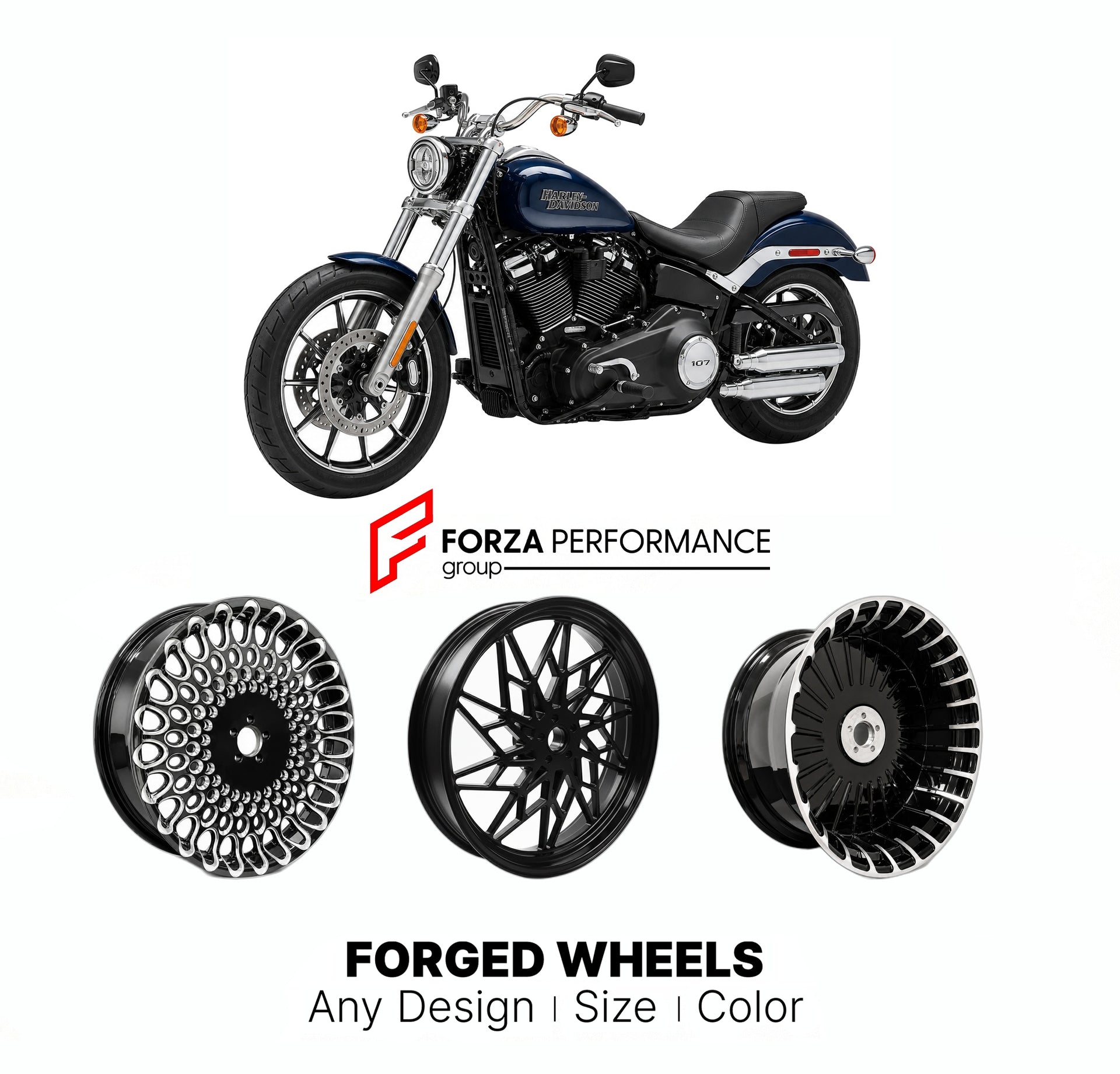 Custom forged motorcycle wheels for Harley Davidson FXLR Low Rider 2018 - 2020. Any size, color and finish. ABS/non-ABS fitment available.

We manufacture premium quality forged motorcycle wheels rims for Harley Davidson FXLR Low Rider 2018 - 2020 in any design, size, color.

We ensure your wheel set is delivered and fitted perfectly.

Finishing: Any

Optional for an additional price: Dual-Color, Brushing, Chroming, Polishing, Carbon Barrel.

We offer motorcycle wheels in many sizes: 12, 13, 14, 15, 16, 17,
