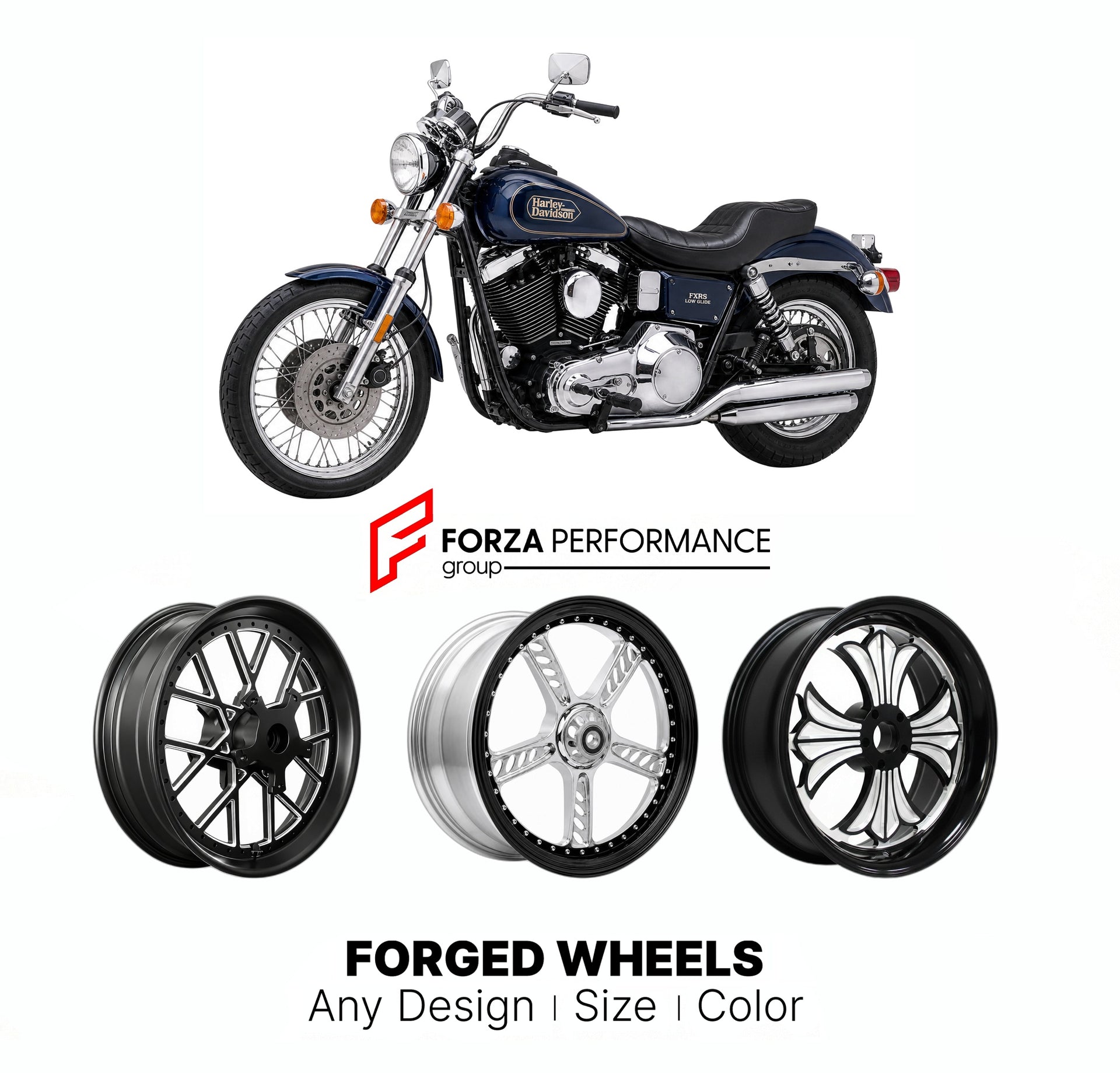 Custom forged motorcycle wheels for Harley Davidson FXRS Low Glide 1982 - 1990s. Any size, color and finish. ABS/non-ABS fitment available.

We manufacture premium quality forged motorcycle wheels rims for Harley Davidson FXRS Low Glide 1982 - 1990s in any design, size, color.

We ensure your wheel set is delivered and fitted perfectly.

Finishing: Any

Optional for an additional price: Dual-Color, Brushing, Chroming, Polishing, Carbon Barrel.

We offer motorcycle wheels in many sizes: 12, 13, 14, 15, 16, 1
