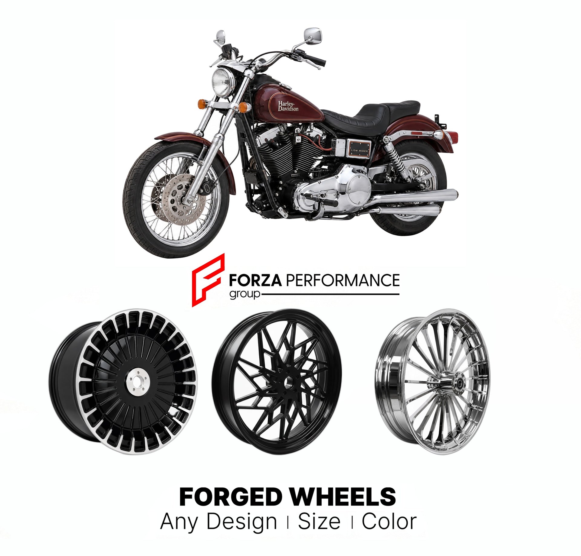 Custom forged motorcycle wheels for Harley Davidson FXRS Low Rider 1982 - 1990s. Any size, color and finish. ABS/non-ABS fitment available.

We manufacture premium quality forged motorcycle wheels rims for Harley Davidson FXRS Low Rider 1982 - 1990s in any design, size, color.

We ensure your wheel set is delivered and fitted perfectly.

Finishing: Any

Optional for an additional price: Dual-Color, Brushing, Chroming, Polishing, Carbon Barrel.

We offer motorcycle wheels in many sizes: 12, 13, 14, 15, 16, 1