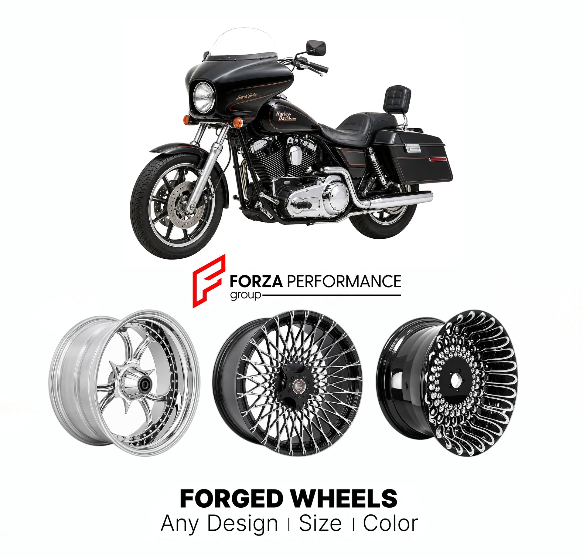 Custom forged motorcycle wheels for Harley Davidson FXRT Sport Glide 1983 - 1993. Any size, color and finish. ABS/non-ABS fitment available.

We manufacture premium quality forged motorcycle wheels rims for Harley Davidson FXRT Sport Glide 1983 - 1993 in any design, size, color.

We ensure your wheel set is delivered and fitted perfectly.

Finishing: Any

Optional for an additional price: Dual-Color, Brushing, Chroming, Polishing, Carbon Barrel.

We offer motorcycle wheels in many sizes: 12, 13, 14, 15, 16,