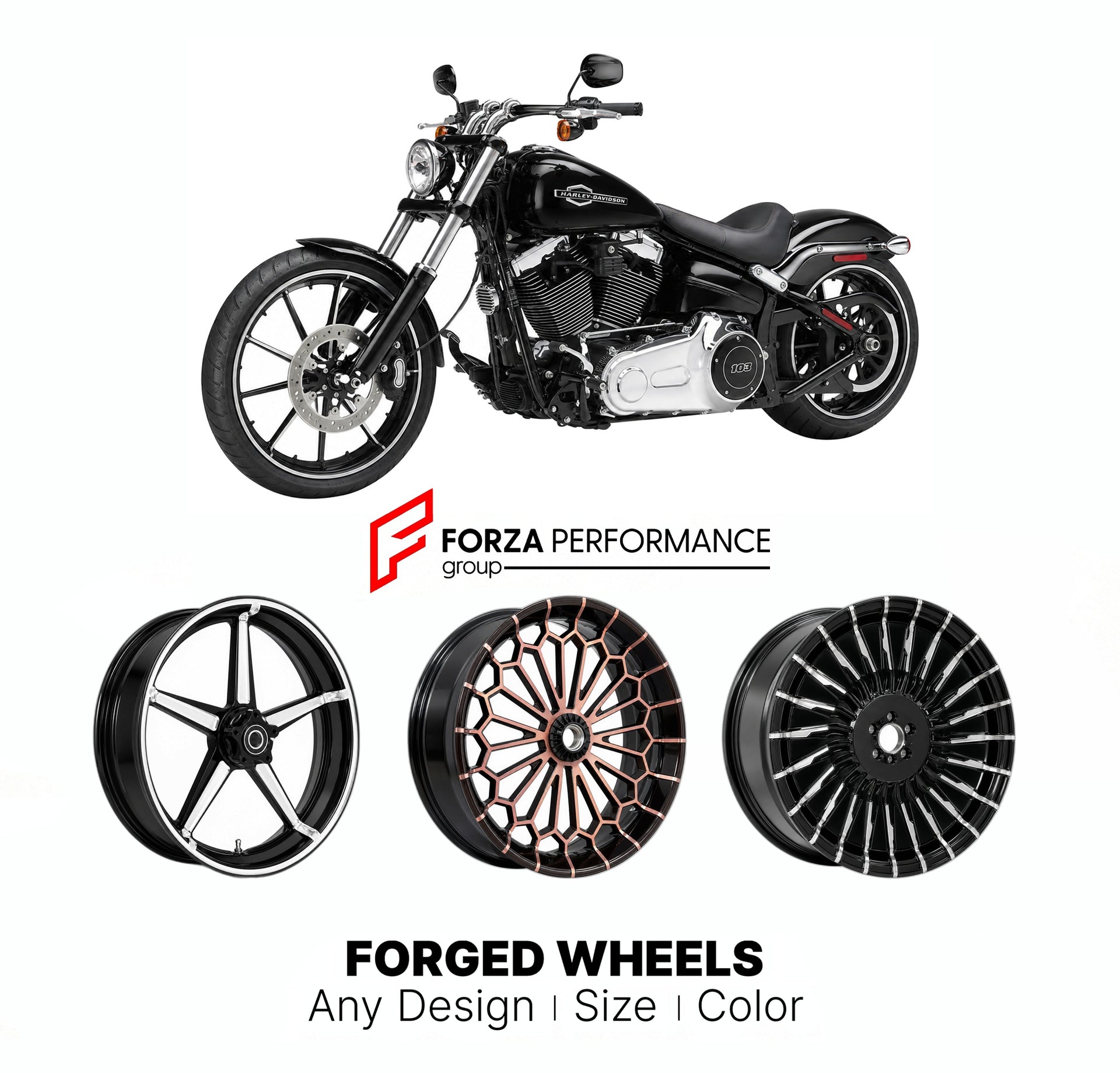 Custom forged motorcycle wheels for Harley Davidson FXSB Breakout 2013+. Any size, color and finish. ABS/non-ABS fitment available.

We manufacture premium quality forged motorcycle wheels rims for Harley Davidson FXSB Breakout 2013+ in any design, size, color.

We ensure your wheel set is delivered and fitted perfectly.

Finishing: Any

Optional for an additional price: Dual-Color, Brushing, Chroming, Polishing, Carbon Barrel.

We offer motorcycle wheels in many sizes: 12, 13, 14, 15, 16, 17, 18, 19, 20, 2