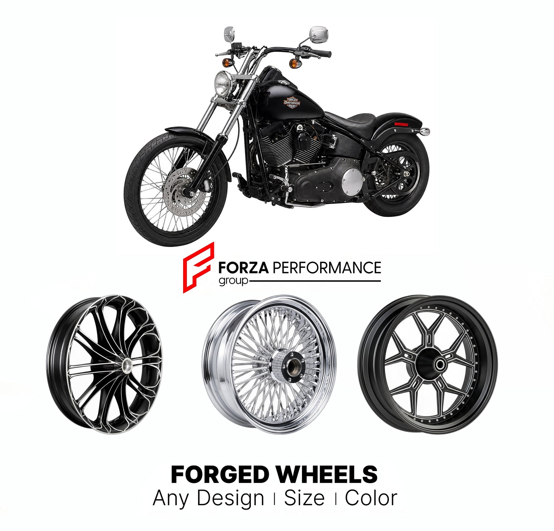 Custom forged motorcycle wheels for Harley Davidson FXSTB Night Train 1998 - 2009. Any size, color and finish. ABS/non-ABS fitment available.

We manufacture premium quality forged motorcycle wheels rims for Harley Davidson FXSTB Night Train 1998 - 2009 in any design, size, color.

We ensure your wheel set is delivered and fitted perfectly.

Finishing: Any

Optional for an additional price: Dual-Color, Brushing, Chroming, Polishing, Carbon Barrel.

We offer motorcycle wheels in many sizes: 12, 13, 14, 15, 1
