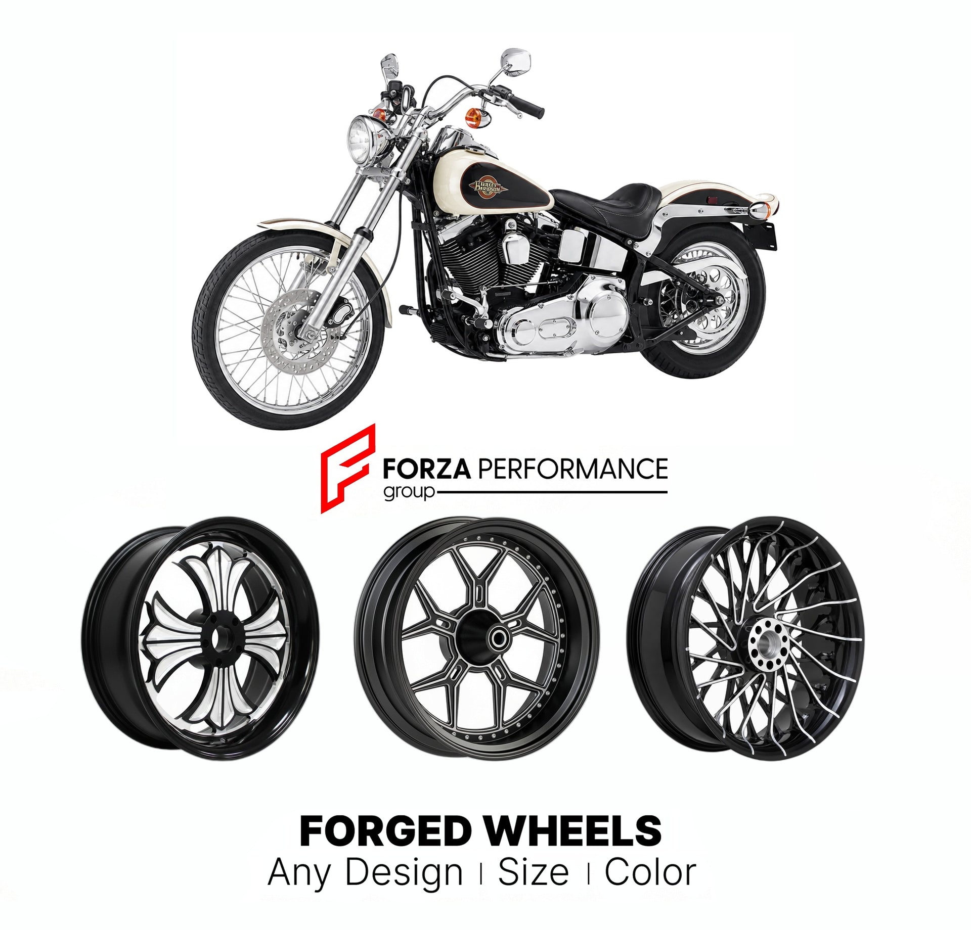 Custom forged motorcycle wheels for Harley Davidson FXSTC Softail Custom 1986 - 1999. Any size, color and finish. ABS/non-ABS fitment available.

We manufacture premium quality forged motorcycle wheels rims for Harley Davidson FXSTC Softail Custom 1986 - 1999 in any design, size, color.

We ensure your wheel set is delivered and fitted perfectly.

Finishing: Any

Optional for an additional price: Dual-Color, Brushing, Chroming, Polishing, Carbon Barrel.

We offer motorcycle wheels in many sizes: 12, 13, 14,
