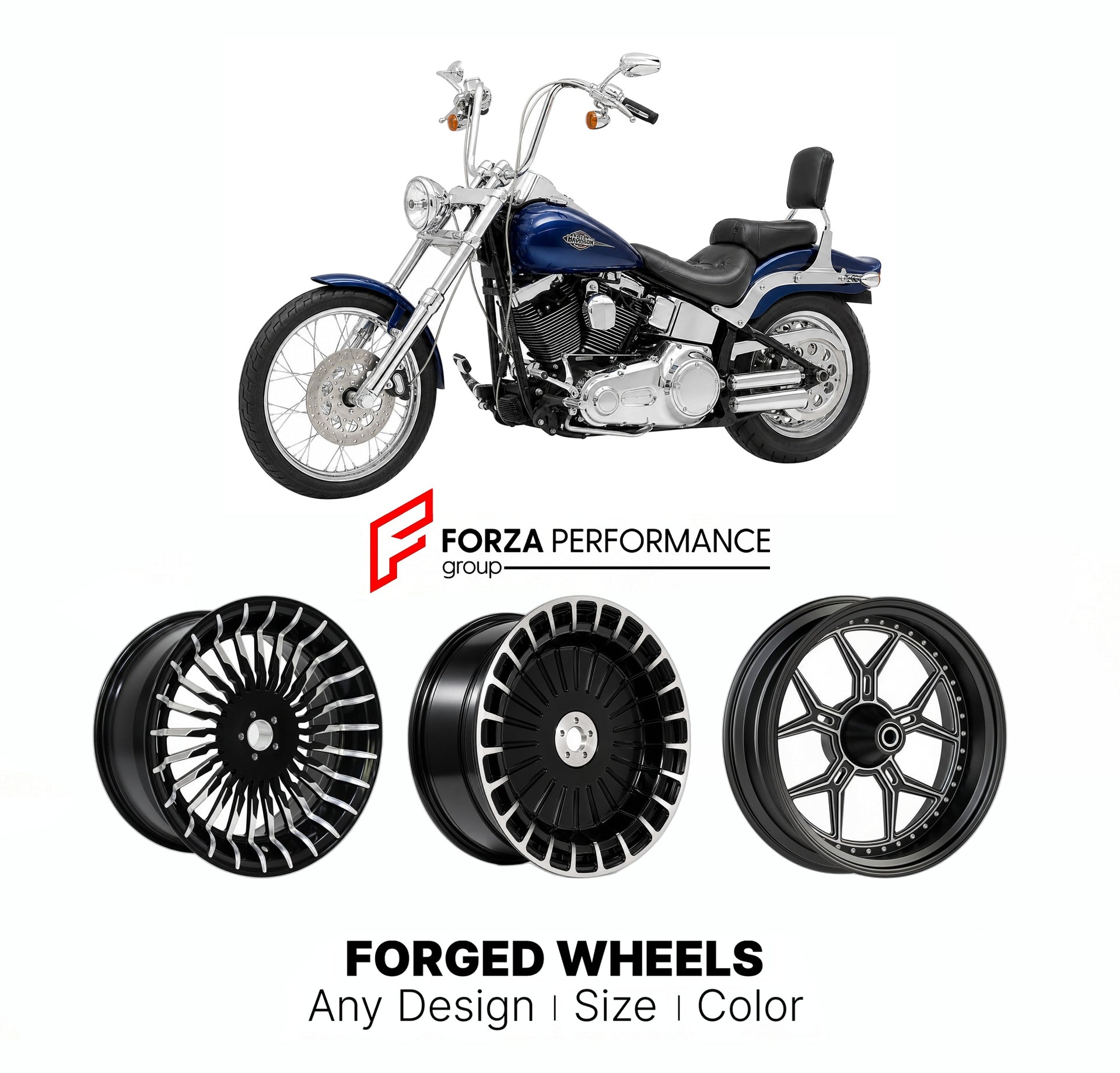 Custom forged motorcycle wheels for Harley Davidson FXSTC Softail Custom 2007 - 2010. Any size, color and finish. ABS/non-ABS fitment available.

We manufacture premium quality forged motorcycle wheels rims for Harley Davidson FXSTC Softail Custom 2007 - 2010 in any design, size, color.

We ensure your wheel set is delivered and fitted perfectly.

Finishing: Any

Optional for an additional price: Dual-Color, Brushing, Chroming, Polishing, Carbon Barrel.

We offer motorcycle wheels in many sizes: 12, 13, 14,