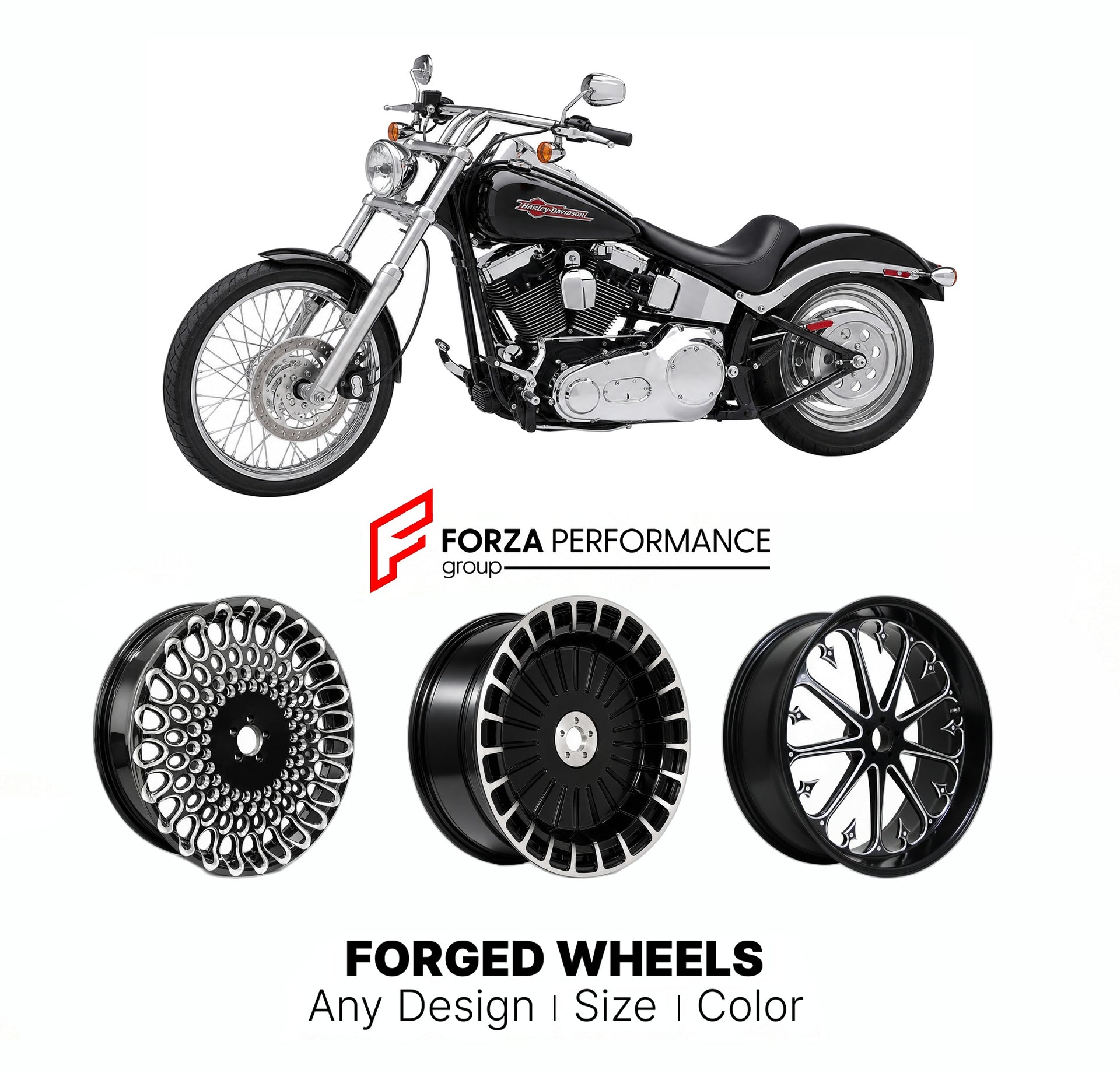 Custom forged motorcycle wheels for Harley Davidson FXSTD Softail Deuce 2000 - 2007. Any size, color and finish. ABS/non-ABS fitment available.

We manufacture premium quality forged motorcycle wheels rims for Harley Davidson FXSTD Softail Deuce 2000 - 2007 in any design, size, color.

We ensure your wheel set is delivered and fitted perfectly.

Finishing: Any

Optional for an additional price: Dual-Color, Brushing, Chroming, Polishing, Carbon Barrel.

We offer motorcycle wheels in many sizes: 12, 13, 14, 1