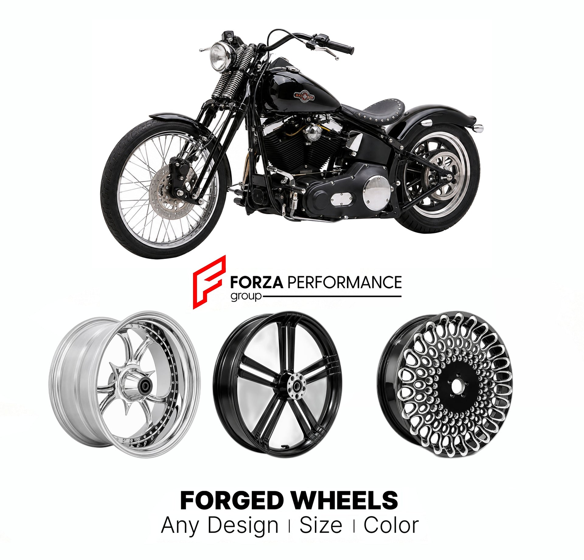Custom forged motorcycle wheels for Harley Davidson FXSTSB Bad Boy 1995 - 1997. Any size, color and finish. ABS/non-ABS fitment available.

We manufacture premium quality forged motorcycle wheels rims for Harley Davidson FXSTSB Bad Boy 1995 - 1997 in any design, size, color.

We ensure your wheel set is delivered and fitted perfectly.

Finishing: Any

Optional for an additional price: Dual-Color, Brushing, Chroming, Polishing, Carbon Barrel.

We offer motorcycle wheels in many sizes: 12, 13, 14, 15, 16, 17,