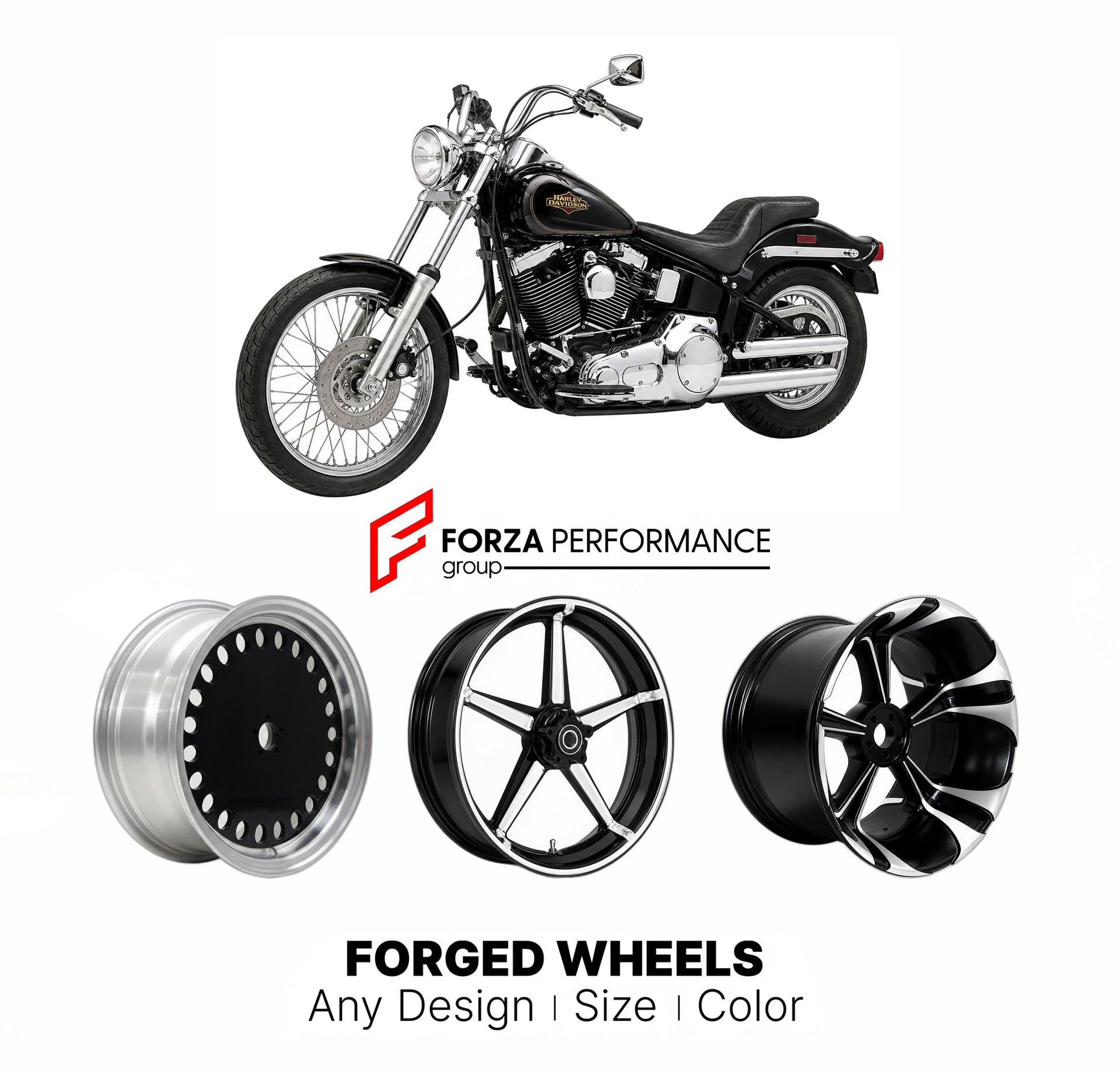 Custom forged motorcycle wheels for Harley Davidson FXST Softail 1984 - 2007. Any size, color and finish. ABS/non-ABS fitment available.

We manufacture premium quality forged motorcycle wheels rims for Harley Davidson FXST Softail 1984 - 2007 in any design, size, color.

We ensure your wheel set is delivered and fitted perfectly.

Finishing: Any

Optional for an additional price: Dual-Color, Brushing, Chroming, Polishing, Carbon Barrel.

We offer motorcycle wheels in many sizes: 12, 13, 14, 15, 16, 17, 18,