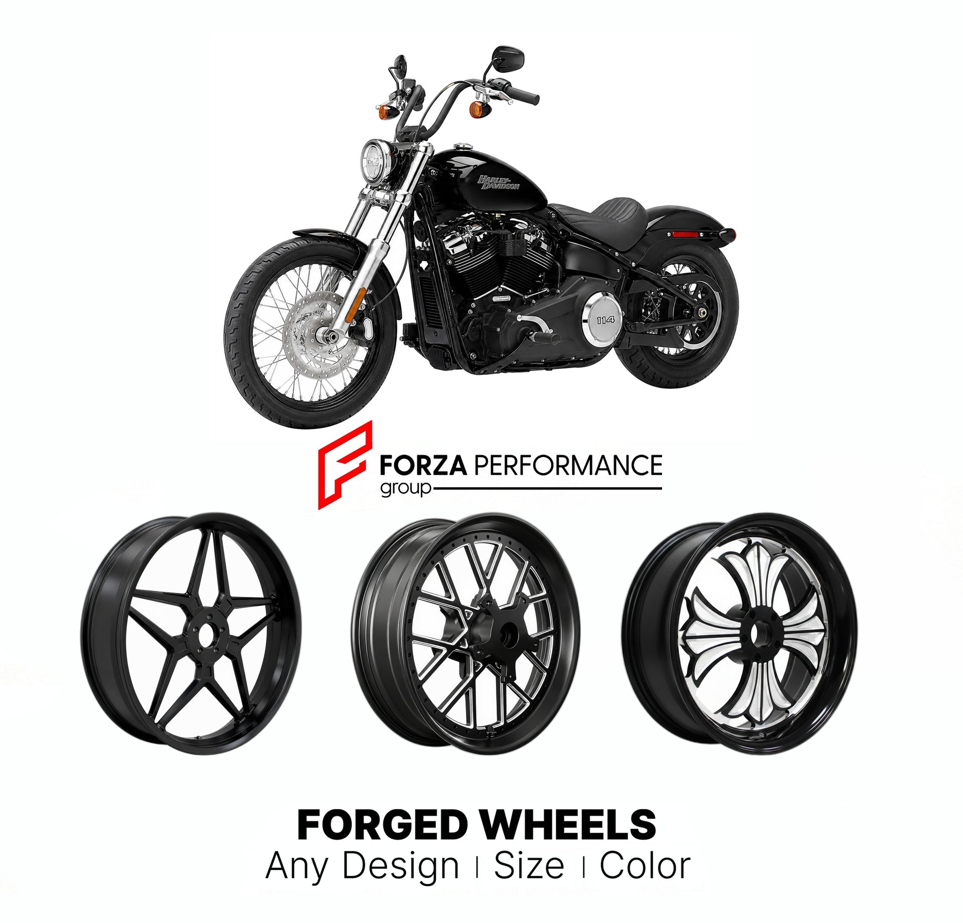 Custom forged motorcycle wheels for Harley Davidson FXST Softail 2020+. Any size, color and finish. ABS/non-ABS fitment available.

We manufacture premium quality forged motorcycle wheels rims for Harley Davidson FXST Softail 2020+ in any design, size, color.

We ensure your wheel set is delivered and fitted perfectly.

Finishing: Any

Optional for an additional price: Dual-Color, Brushing, Chroming, Polishing, Carbon Barrel.

We offer motorcycle wheels in many sizes: 12, 13, 14, 15, 16, 17, 18, 19, 20, 21,