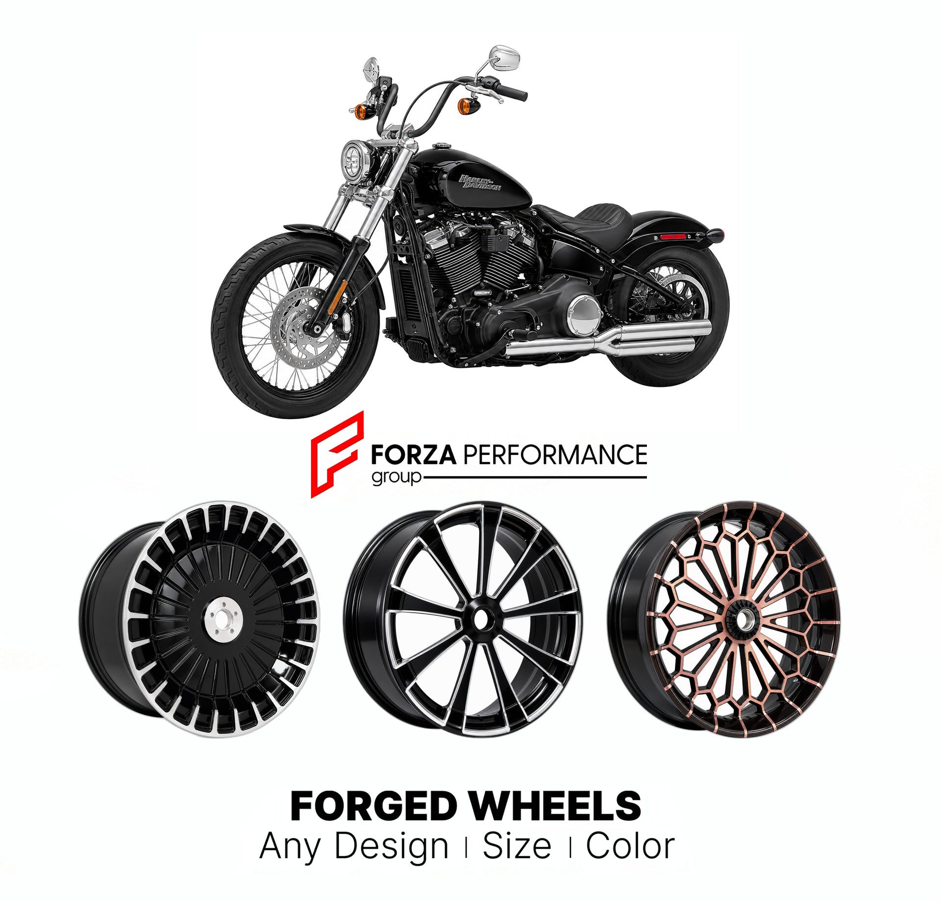 Custom forged motorcycle wheels for Harley Davidson FXST Softail Standard 2020+. Any size, color and finish. ABS/non-ABS fitment available.

We manufacture premium quality forged motorcycle wheels rims for Harley Davidson FXST Softail Standard 2020+ in any design, size, color.

We ensure your wheel set is delivered and fitted perfectly.

Finishing: Any

Optional for an additional price: Dual-Color, Brushing, Chroming, Polishing, Carbon Barrel.

We offer motorcycle wheels in many sizes: 12, 13, 14, 15, 16, 1