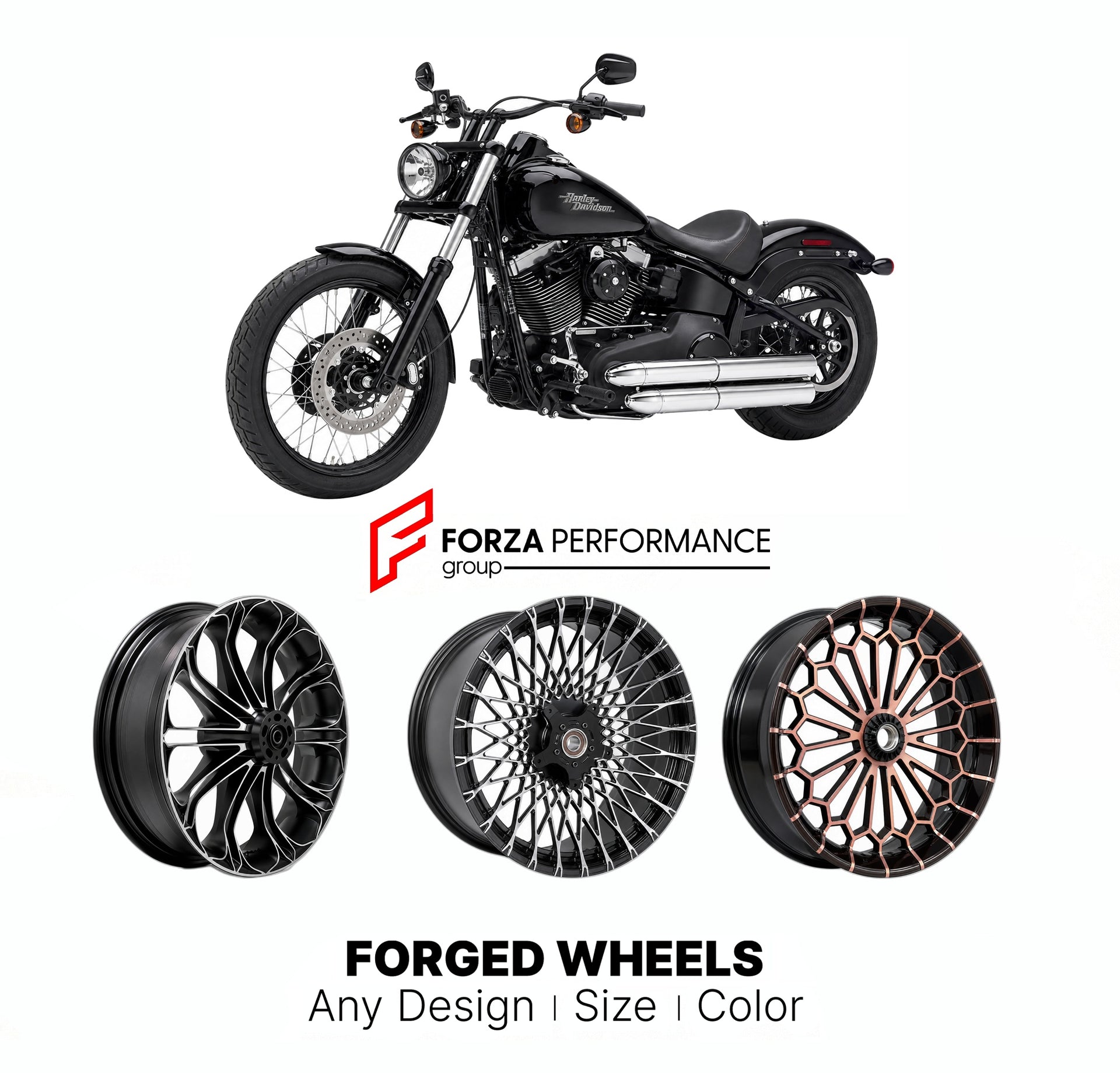 Custom forged motorcycle wheels for Harley Davidson FXS Blackline 2011 - 2013. Any size, color and finish. ABS/non-ABS fitment available.

We manufacture premium quality forged motorcycle wheels rims for Harley Davidson FXS Blackline 2011 - 2013 in any design, size, color.

We ensure your wheel set is delivered and fitted perfectly.

Finishing: Any

Optional for an additional price: Dual-Color, Brushing, Chroming, Polishing, Carbon Barrel.

We offer motorcycle wheels in many sizes: 12, 13, 14, 15, 16, 17, 1