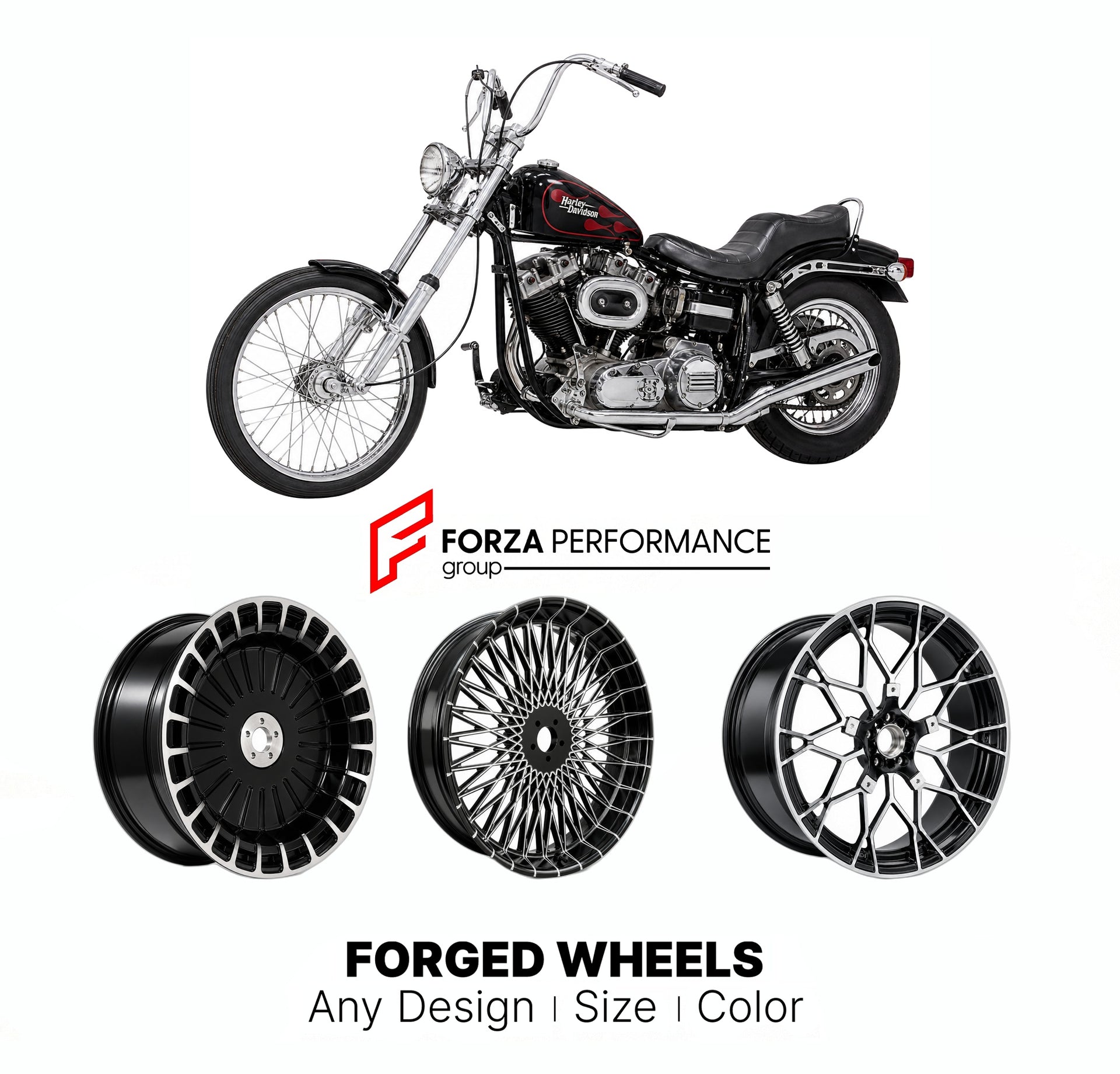 Custom forged motorcycle wheels for Harley Davidson FXWG Wide Glide 1980 - 1986. Any size, color and finish. ABS/non-ABS fitment available.

We manufacture premium quality forged motorcycle wheels rims for Harley Davidson FXWG Wide Glide 1980 - 1986 in any design, size, color.

We ensure your wheel set is delivered and fitted perfectly.

Finishing: Any

Optional for an additional price: Dual-Color, Brushing, Chroming, Polishing, Carbon Barrel.

We offer motorcycle wheels in many sizes: 12, 13, 14, 15, 16, 1