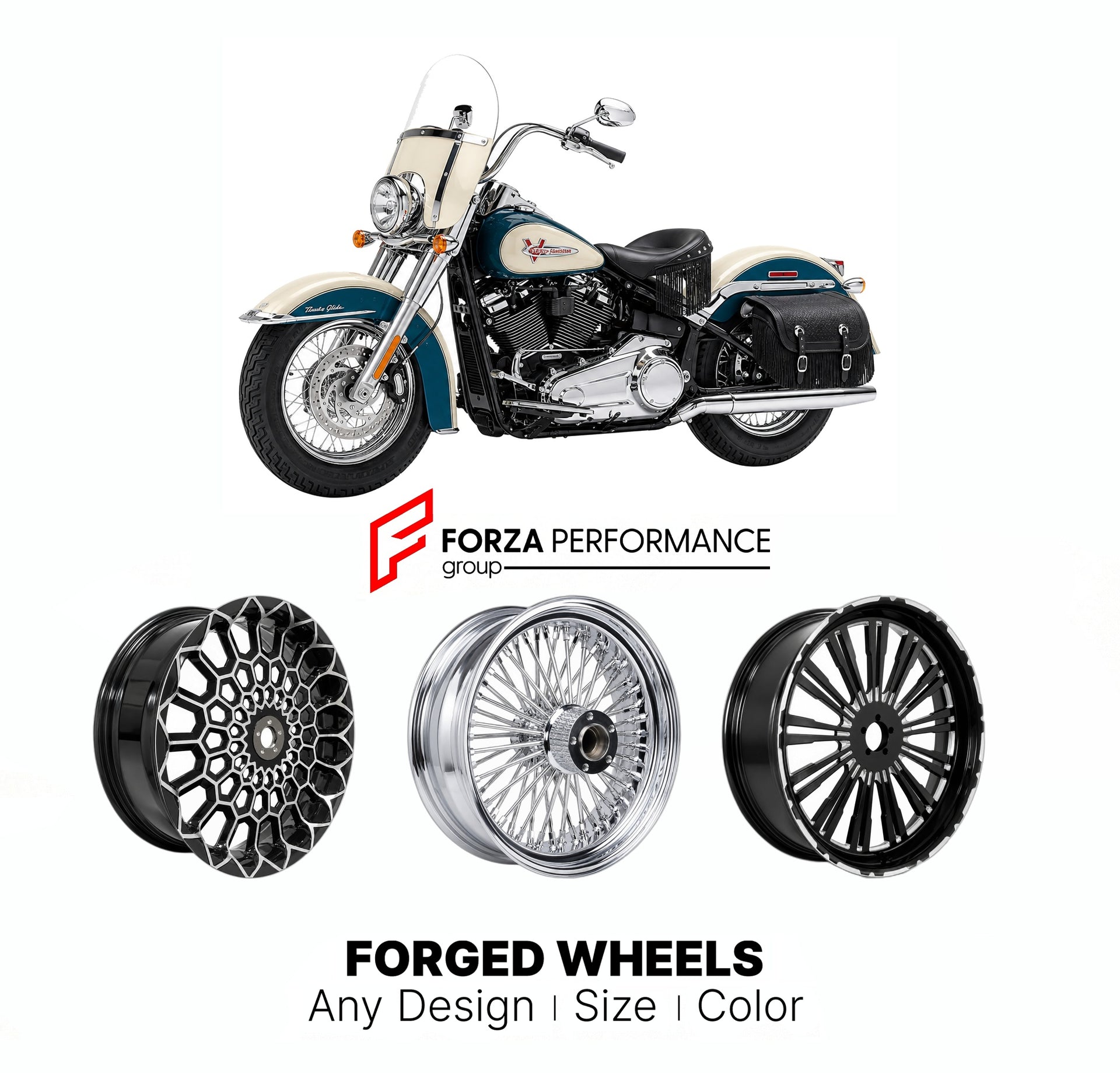 Custom forged motorcycle wheels for Harley Davidson Hydra-Glide Revival 2024 - 2024. Any size, color and finish. ABS/non-ABS fitment available.

We manufacture premium quality forged motorcycle wheels rims for Harley Davidson Hydra-Glide Revival 2024 - 2024 in any design, size, color.

We ensure your wheel set is delivered and fitted perfectly.

Finishing: Any

Optional for an additional price: Dual-Color, Brushing, Chroming, Polishing, Carbon Barrel.

We offer motorcycle wheels in many sizes: 12, 13, 14, 1