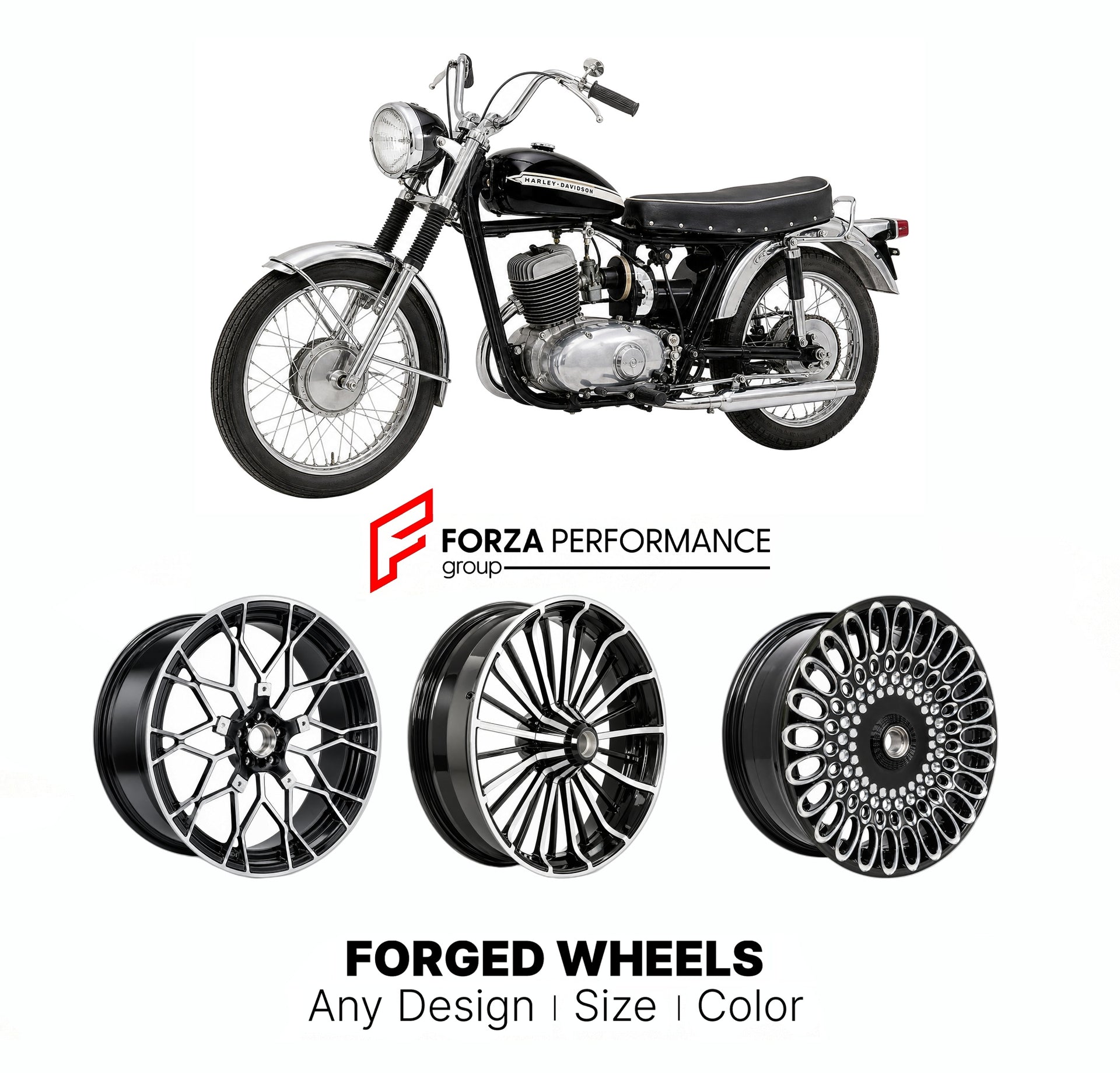 Custom forged motorcycle wheels for Harley Davidson M-50 1965 - 1966. Any size, color and finish. ABS/non-ABS fitment available.

We manufacture premium quality forged motorcycle wheels rims for Harley Davidson M-50 1965 - 1966 in any design, size, color.

We ensure your wheel set is delivered and fitted perfectly.

Finishing: Any

Optional for an additional price: Dual-Color, Brushing, Chroming, Polishing, Carbon Barrel.

We offer motorcycle wheels in many sizes: 12, 13, 14, 15, 16, 17, 18, 19, 20, 21, 22,