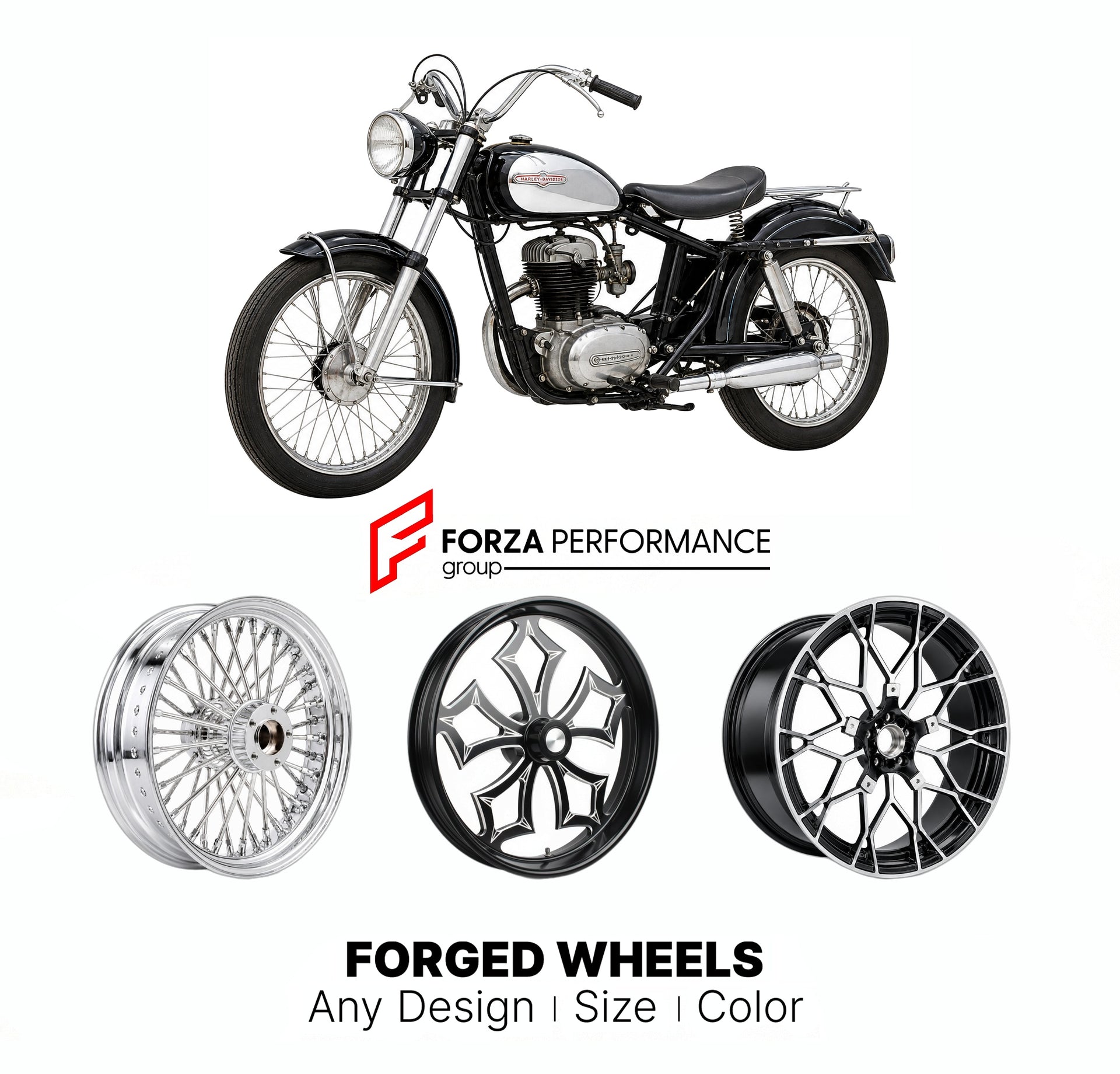 Custom forged motorcycle wheels for Harley Davidson M-50 Sport 1965 - 1966. Any size, color and finish. ABS/non-ABS fitment available.

We manufacture premium quality forged motorcycle wheels rims for Harley Davidson M-50 Sport 1965 - 1966 in any design, size, color.

We ensure your wheel set is delivered and fitted perfectly.

Finishing: Any

Optional for an additional price: Dual-Color, Brushing, Chroming, Polishing, Carbon Barrel.

We offer motorcycle wheels in many sizes: 12, 13, 14, 15, 16, 17, 18, 19,