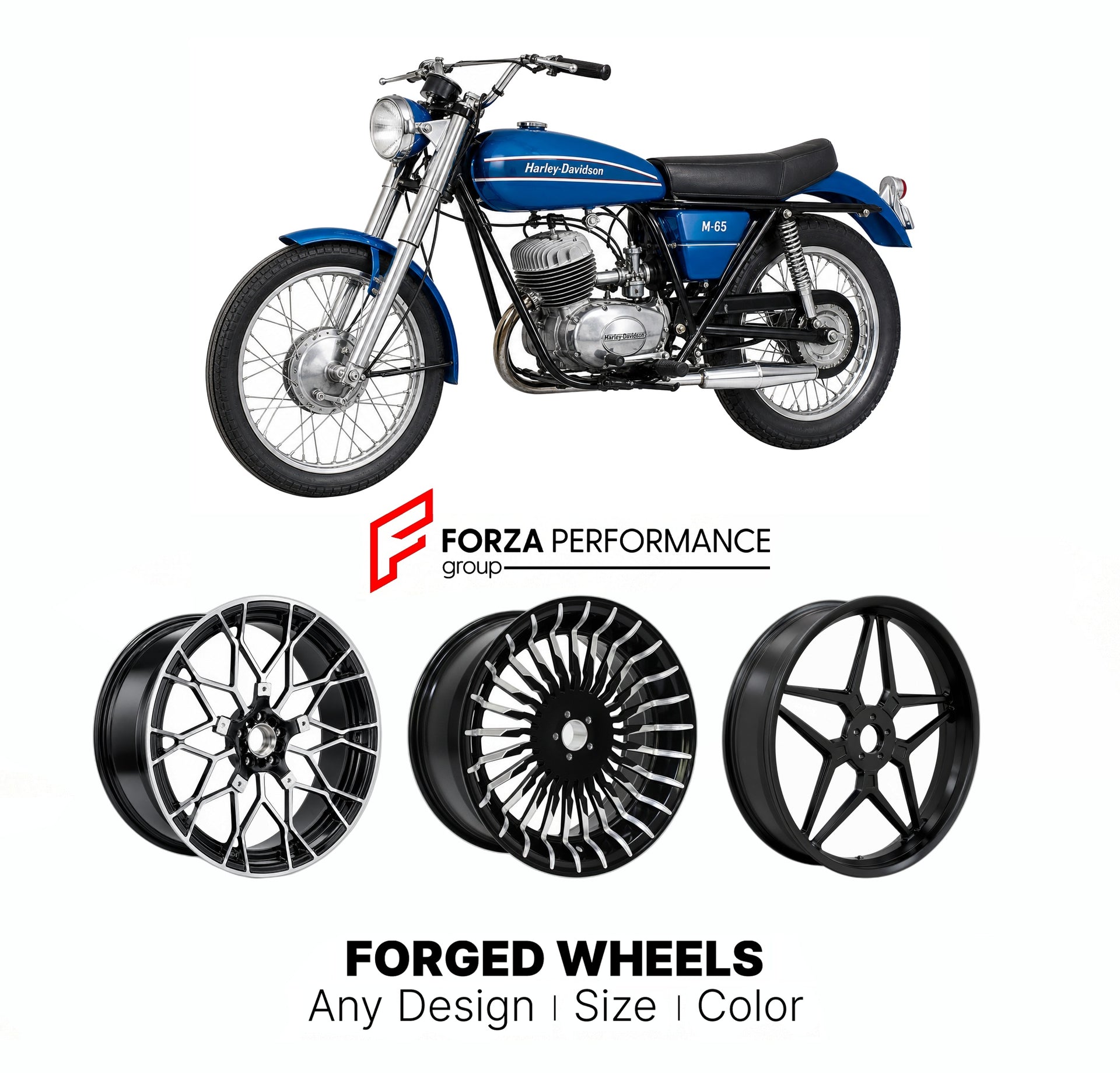 Custom forged motorcycle wheels for Harley Davidson M-65 1967 - 1972. Any size, color and finish. ABS/non-ABS fitment available.

We manufacture premium quality forged motorcycle wheels rims for Harley Davidson M-65 1967 - 1972 in any design, size, color.

We ensure your wheel set is delivered and fitted perfectly.

Finishing: Any

Optional for an additional price: Dual-Color, Brushing, Chroming, Polishing, Carbon Barrel.

We offer motorcycle wheels in many sizes: 12, 13, 14, 15, 16, 17, 18, 19, 20, 21, 22,