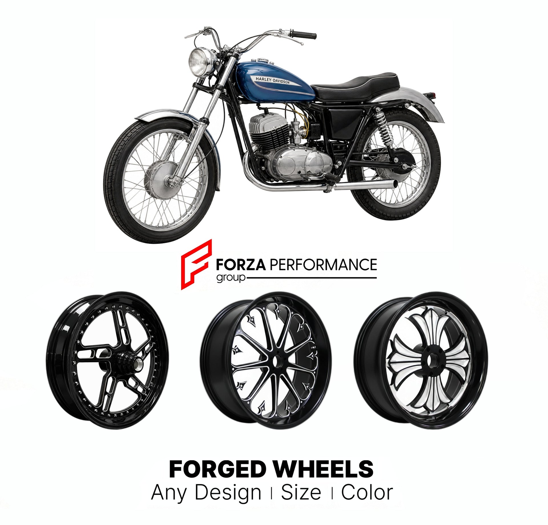Custom forged motorcycle wheels for Harley Davidson M-65 Sport 1967 - 1972. Any size, color and finish. ABS/non-ABS fitment available.

We manufacture premium quality forged motorcycle wheels rims for Harley Davidson M-65 Sport 1967 - 1972 in any design, size, color.

We ensure your wheel set is delivered and fitted perfectly.

Finishing: Any

Optional for an additional price: Dual-Color, Brushing, Chroming, Polishing, Carbon Barrel.

We offer motorcycle wheels in many sizes: 12, 13, 14, 15, 16, 17, 18, 19,