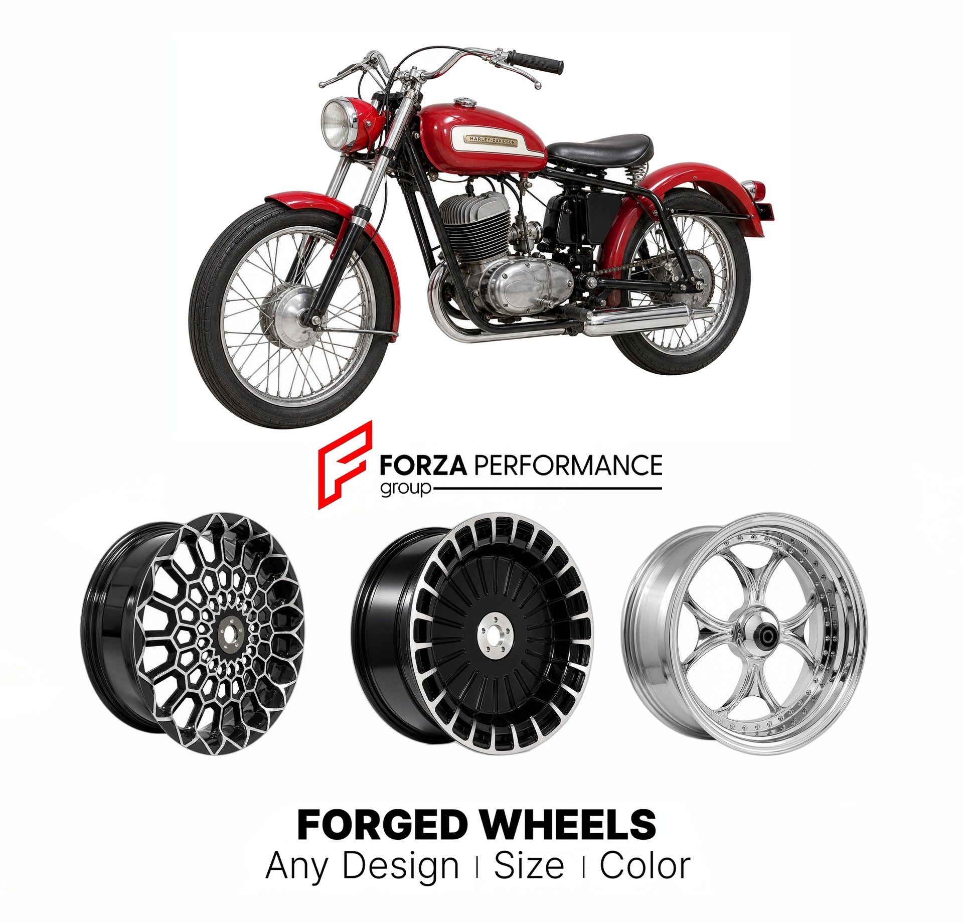 Custom forged motorcycle wheels for Harley Davidson Pacer 1962 - 1965. Any size, color and finish. ABS/non-ABS fitment available.

We manufacture premium quality forged motorcycle wheels rims for Harley Davidson Pacer 1962 - 1965 in any design, size, color.

We ensure your wheel set is delivered and fitted perfectly.

Finishing: Any

Optional for an additional price: Dual-Color, Brushing, Chroming, Polishing, Carbon Barrel.

We offer motorcycle wheels in many sizes: 12, 13, 14, 15, 16, 17, 18, 19, 20, 21, 2