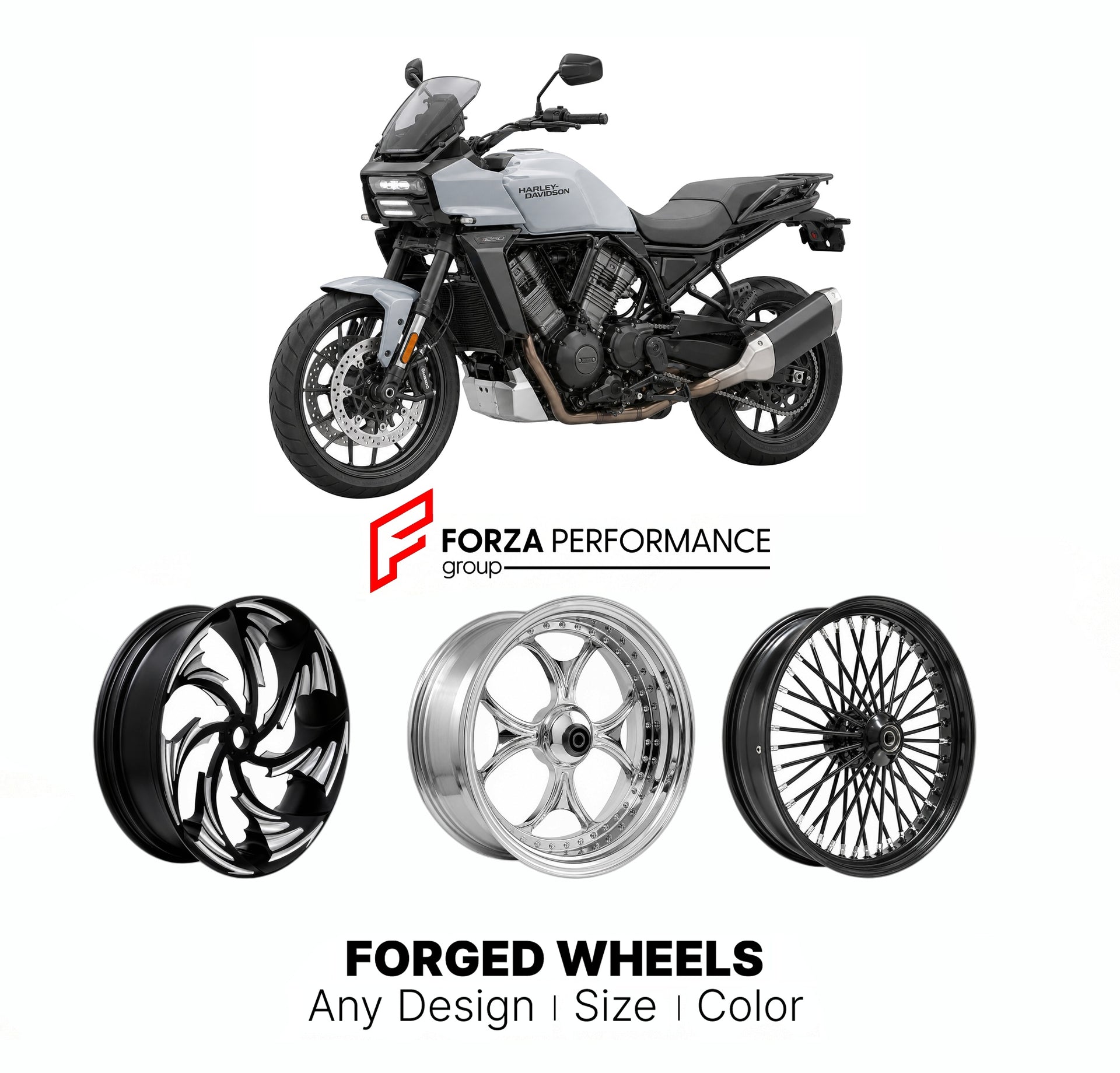 Custom forged motorcycle wheels for Harley Davidson RA1240ST Pan America 1250 ST 2026+. Any size, color and finish. ABS/non-ABS fitment available.

We manufacture premium quality forged motorcycle wheels rims for Harley Davidson RA1240ST Pan America 1250 ST 2026+ in any design, size, color.

We ensure your wheel set is delivered and fitted perfectly.

Finishing: Any

Optional for an additional price: Dual-Color, Brushing, Chroming, Polishing, Carbon Barrel.

We offer motorcycle wheels in many sizes: 12, 13,