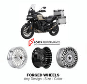 Custom forged motorcycle wheels for Harley Davidson RA1250L Pan America 1250 Limited 2026+. Any size, color and finish. ABS/non-ABS fitment available.

We manufacture premium quality forged motorcycle wheels rims for Harley Davidson RA1250L Pan America 1250 Limited 2026+ in any design, size, color.

We ensure your wheel set is delivered and fitted perfectly.

Finishing: Any

Optional for an additional price: Dual-Color, Brushing, Chroming, Polishing, Carbon Barrel.

We offer motorcycle wheels in many sizes: