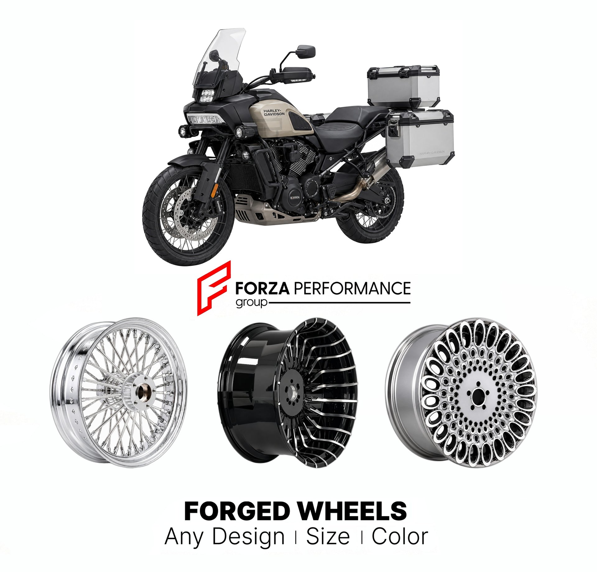 Custom forged motorcycle wheels for Harley Davidson RA1250L Pan America 1250 Limited 2026+. Any size, color and finish. ABS/non-ABS fitment available.

We manufacture premium quality forged motorcycle wheels rims for Harley Davidson RA1250L Pan America 1250 Limited 2026+ in any design, size, color.

We ensure your wheel set is delivered and fitted perfectly.

Finishing: Any

Optional for an additional price: Dual-Color, Brushing, Chroming, Polishing, Carbon Barrel.

We offer motorcycle wheels in many sizes: