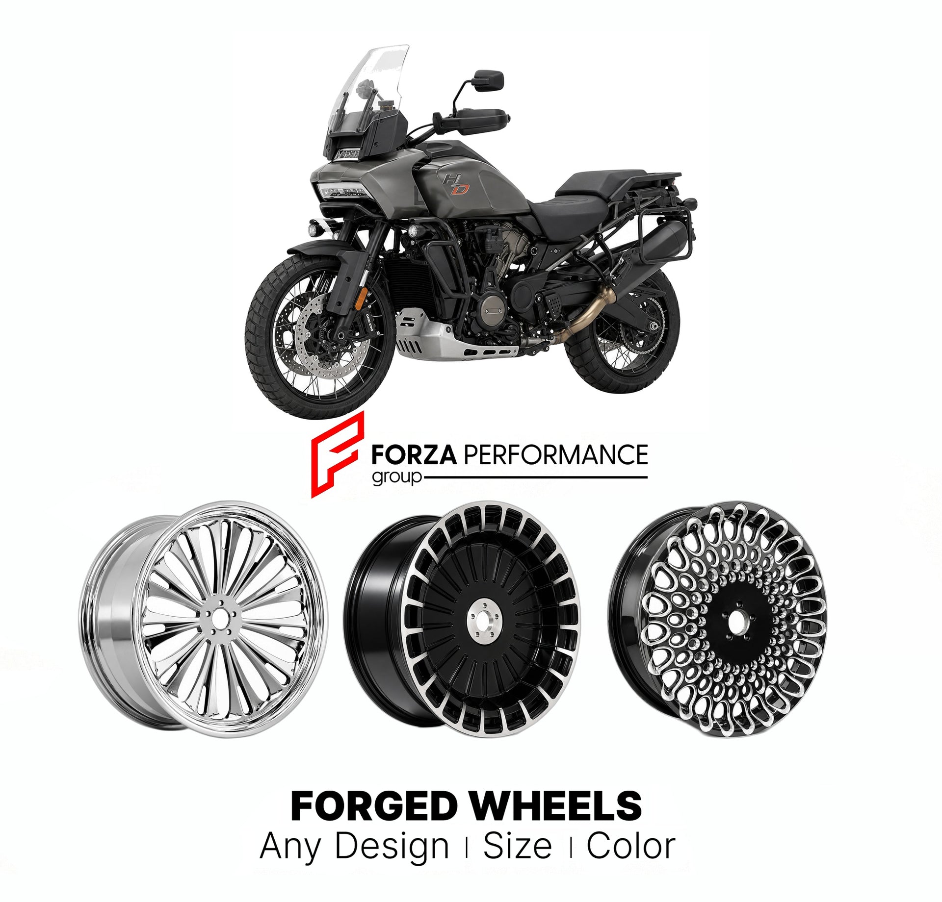 Custom forged motorcycle wheels for Harley Davidson RA1250S Pan America 1250 Special 2021+. Any size, color and finish. ABS/non-ABS fitment available.

We manufacture premium quality forged motorcycle wheels rims for Harley Davidson RA1250S Pan America 1250 Special 2021+ in any design, size, color.

We ensure your wheel set is delivered and fitted perfectly.

Finishing: Any

Optional for an additional price: Dual-Color, Brushing, Chroming, Polishing, Carbon Barrel.

We offer motorcycle wheels in many sizes: