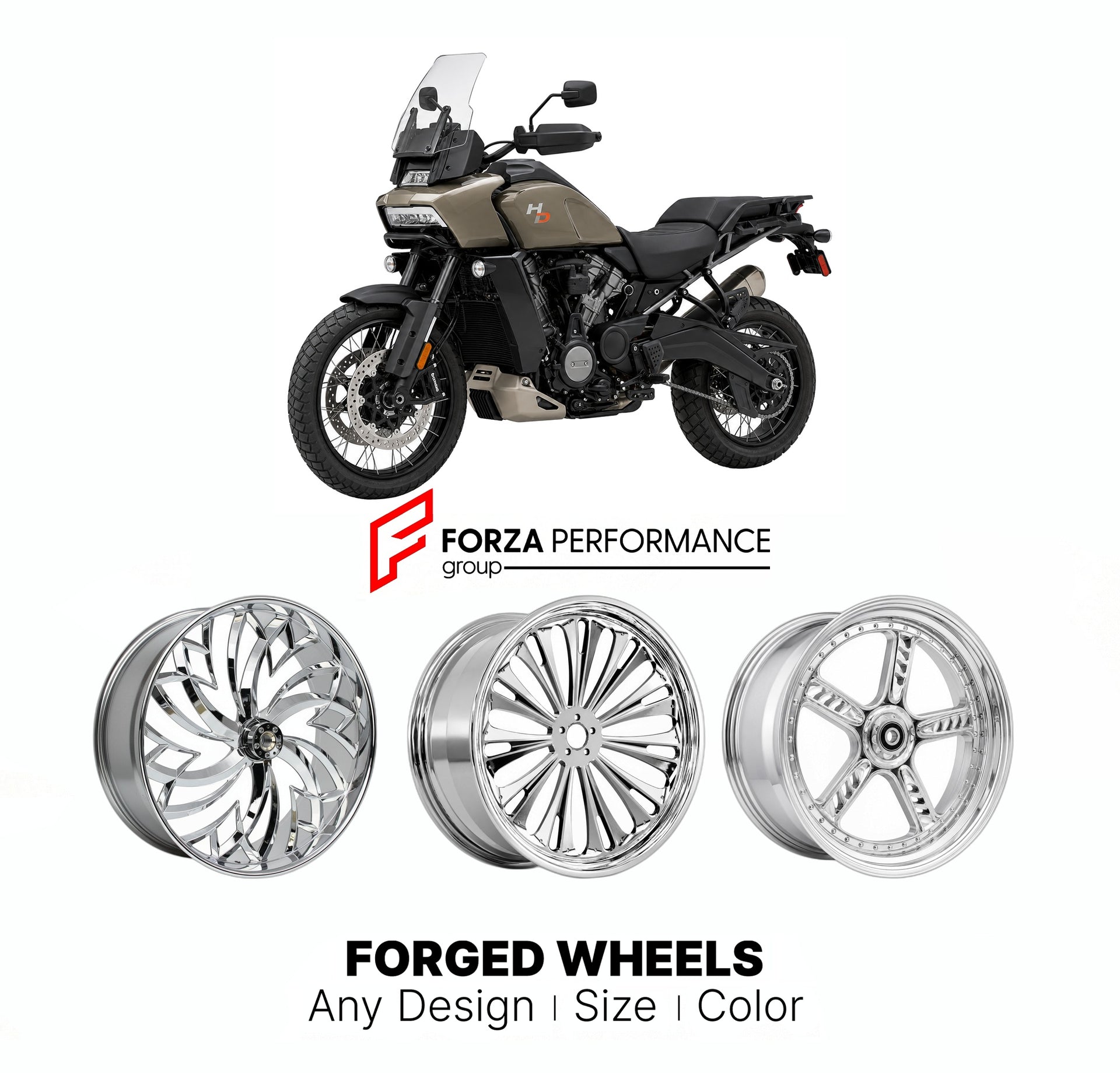 Custom forged motorcycle wheels for Harley Davidson RA1250 Pan America 1250 2021+. Any size, color and finish. ABS/non-ABS fitment available.

We manufacture premium quality forged motorcycle wheels rims for Harley Davidson RA1250 Pan America 1250 2021+ in any design, size, color.

We ensure your wheel set is delivered and fitted perfectly.

Finishing: Any

Optional for an additional price: Dual-Color, Brushing, Chroming, Polishing, Carbon Barrel.

We offer motorcycle wheels in many sizes: 12, 13, 14, 15, 1