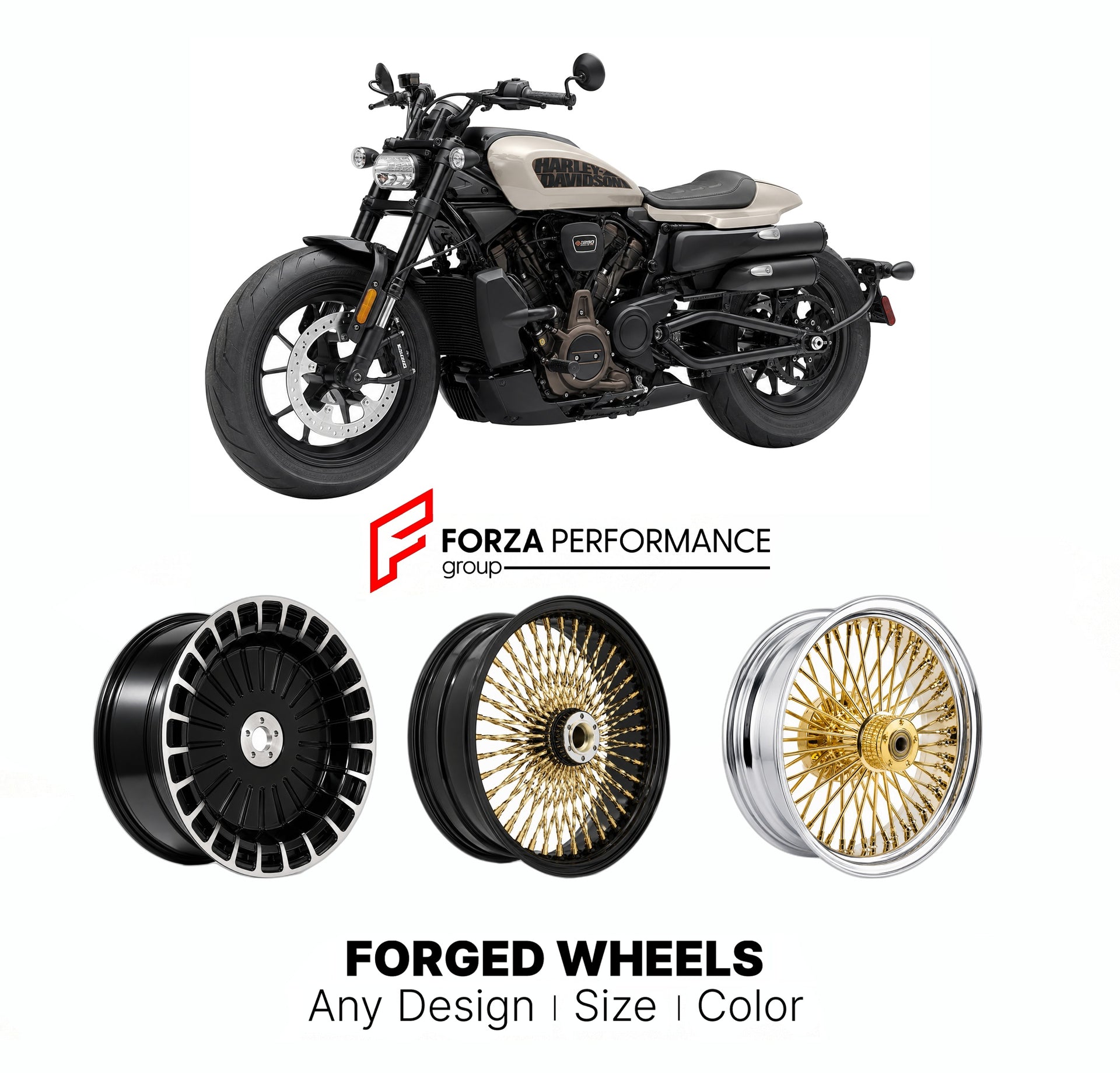 Custom forged motorcycle wheels for Harley Davidson RH1250S Sportster S 2021+. Any size, color and finish. ABS/non-ABS fitment available.

We manufacture premium quality forged motorcycle wheels rims for Harley Davidson RH1250S Sportster S 2021+ in any design, size, color.

We ensure your wheel set is delivered and fitted perfectly.

Finishing: Any

Optional for an additional price: Dual-Color, Brushing, Chroming, Polishing, Carbon Barrel.

We offer motorcycle wheels in many sizes: 12, 13, 14, 15, 16, 17, 1