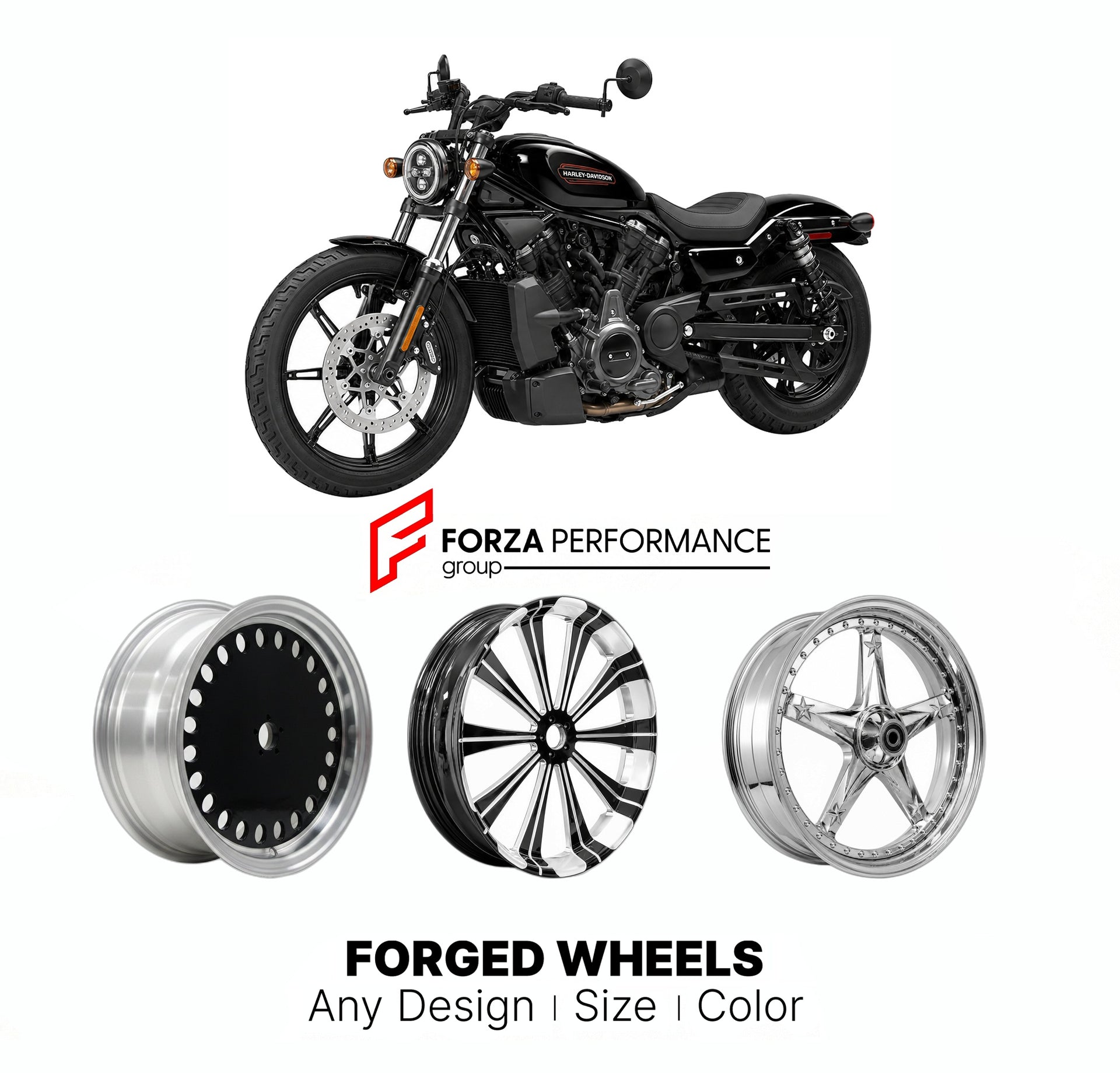 Custom forged motorcycle wheels for Harley Davidson RH975 Nightster 2022+. Any size, color and finish. ABS/non-ABS fitment available.

We manufacture premium quality forged motorcycle wheels rims for Harley Davidson RH975 Nightster 2022+ in any design, size, color.

We ensure your wheel set is delivered and fitted perfectly.

Finishing: Any

Optional for an additional price: Dual-Color, Brushing, Chroming, Polishing, Carbon Barrel.

We offer motorcycle wheels in many sizes: 12, 13, 14, 15, 16, 17, 18, 19, 2