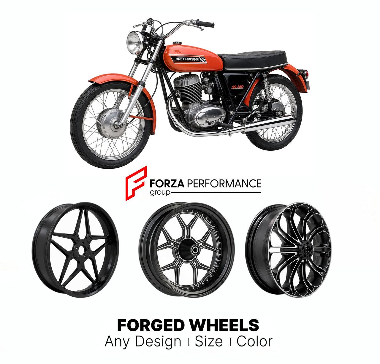 Custom forged motorcycle wheels for Harley Davidson SS-350 1969 - 1974. Any size, color and finish. ABS/non-ABS fitment available.

We manufacture premium quality forged motorcycle wheels rims for Harley Davidson SS-350 1969 - 1974 in any design, size, color.

We ensure your wheel set is delivered and fitted perfectly.

Finishing: Any

Optional for an additional price: Dual-Color, Brushing, Chroming, Polishing, Carbon Barrel.

We offer motorcycle wheels in many sizes: 12, 13, 14, 15, 16, 17, 18, 19, 20, 21,