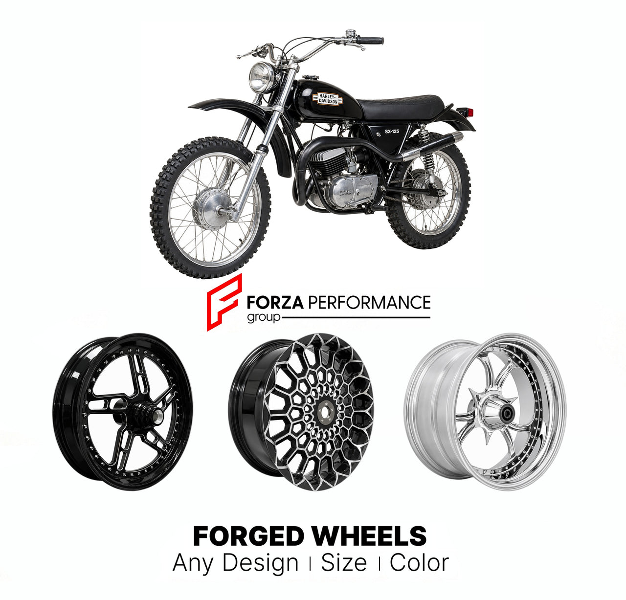 Custom forged motorcycle wheels for Harley Davidson SX-125 1973 - 1978. Any size, color and finish. ABS/non-ABS fitment available.

We manufacture premium quality forged motorcycle wheels rims for Harley Davidson SX-125 1973 - 1978 in any design, size, color.

We ensure your wheel set is delivered and fitted perfectly.

Finishing: Any

Optional for an additional price: Dual-Color, Brushing, Chroming, Polishing, Carbon Barrel.

We offer motorcycle wheels in many sizes: 12, 13, 14, 15, 16, 17, 18, 19, 20, 21,