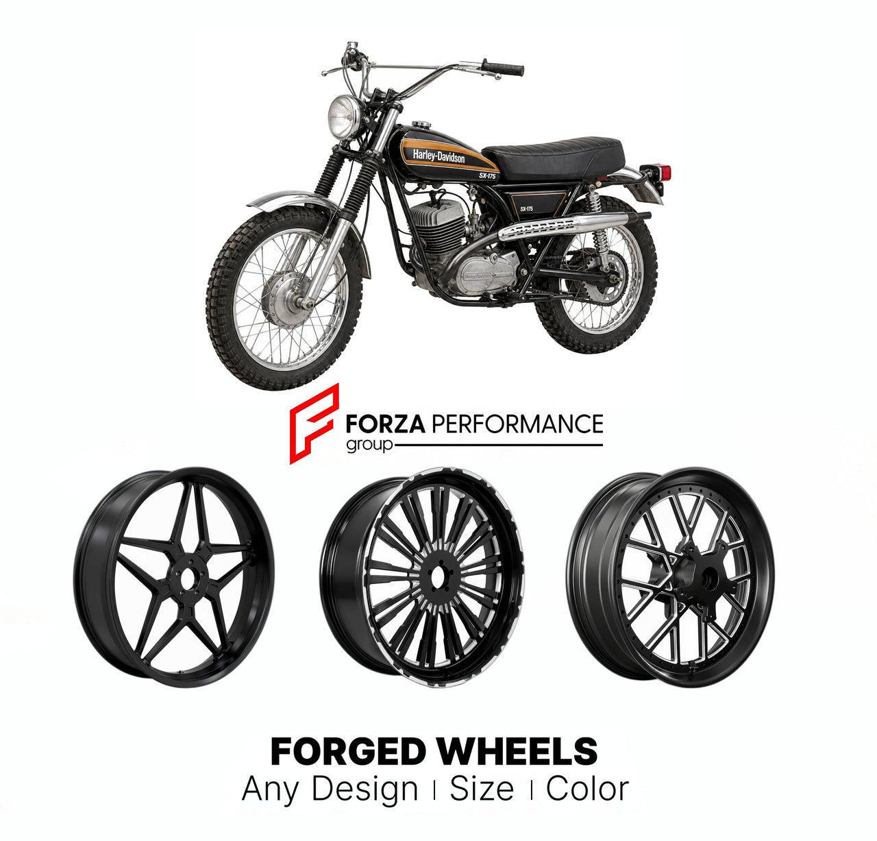 Custom forged motorcycle wheels for Harley Davidson SX-175 1973 - 1978. Any size, color and finish. ABS/non-ABS fitment available.

We manufacture premium quality forged motorcycle wheels rims for Harley Davidson SX-175 1973 - 1978 in any design, size, color.

We ensure your wheel set is delivered and fitted perfectly.

Finishing: Any

Optional for an additional price: Dual-Color, Brushing, Chroming, Polishing, Carbon Barrel.

We offer motorcycle wheels in many sizes: 12, 13, 14, 15, 16, 17, 18, 19, 20, 21,