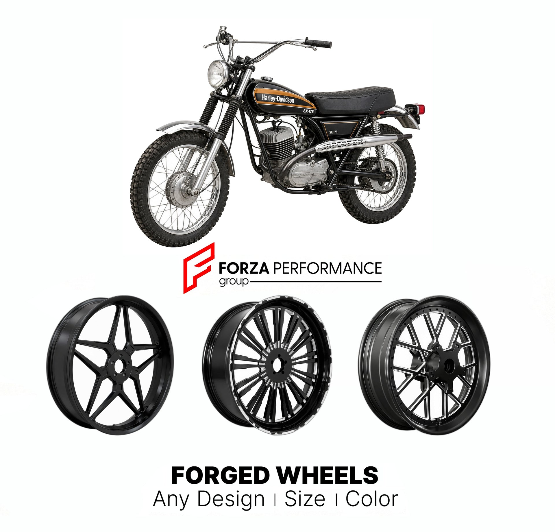 Custom forged motorcycle wheels for Harley Davidson SX-175 1973 - 1978. Any size, color and finish. ABS/non-ABS fitment available.

We manufacture premium quality forged motorcycle wheels rims for Harley Davidson SX-175 1973 - 1978 in any design, size, color.

We ensure your wheel set is delivered and fitted perfectly.

Finishing: Any

Optional for an additional price: Dual-Color, Brushing, Chroming, Polishing, Carbon Barrel.

We offer motorcycle wheels in many sizes: 12, 13, 14, 15, 16, 17, 18, 19, 20, 21,