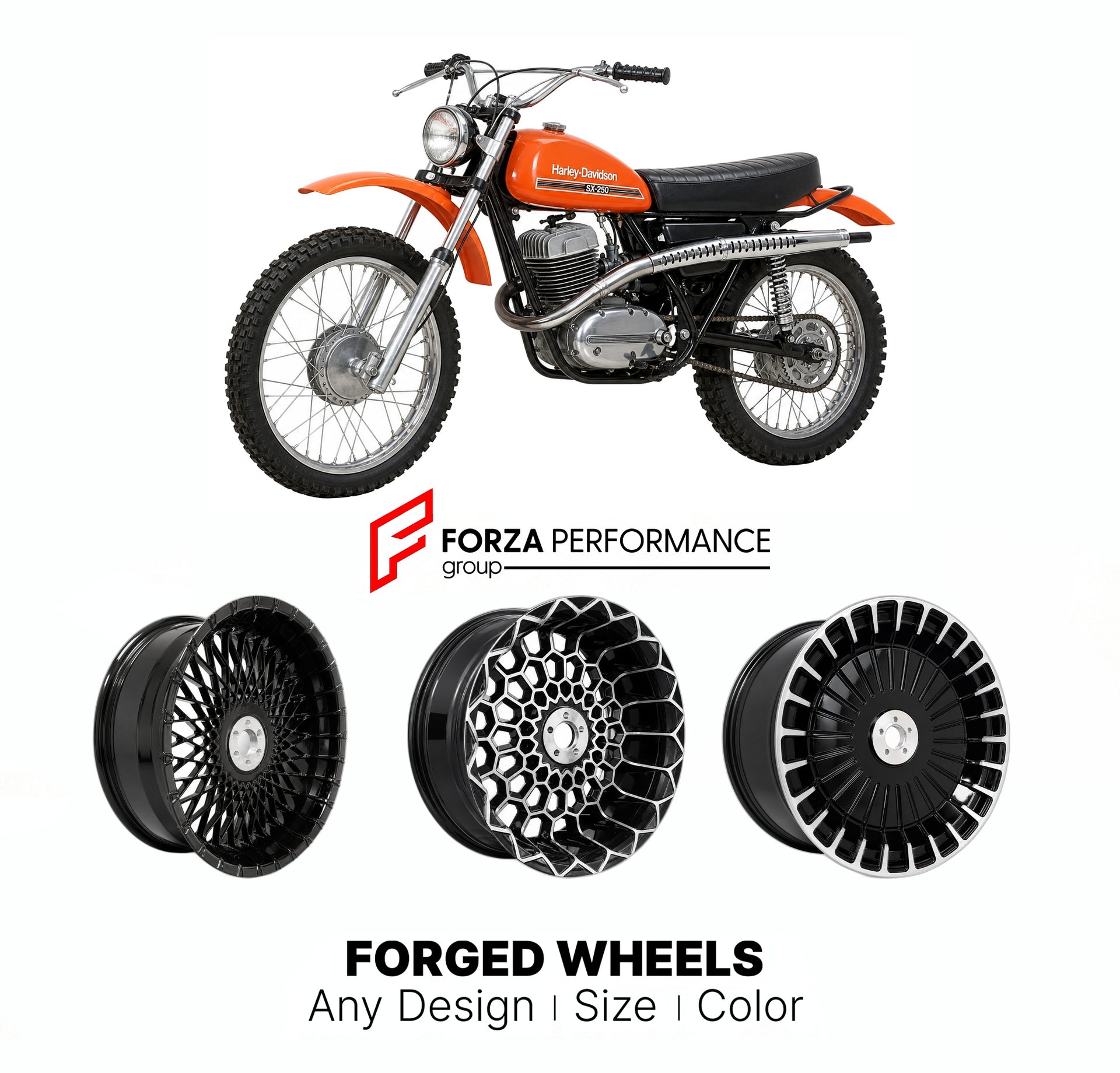 Custom forged motorcycle wheels for Harley Davidson SX-250 1973 - 1978. Any size, color and finish. ABS/non-ABS fitment available.

We manufacture premium quality forged motorcycle wheels rims for Harley Davidson SX-250 1973 - 1978 in any design, size, color.

We ensure your wheel set is delivered and fitted perfectly.

Finishing: Any

Optional for an additional price: Dual-Color, Brushing, Chroming, Polishing, Carbon Barrel.

We offer motorcycle wheels in many sizes: 12, 13, 14, 15, 16, 17, 18, 19, 20, 21,