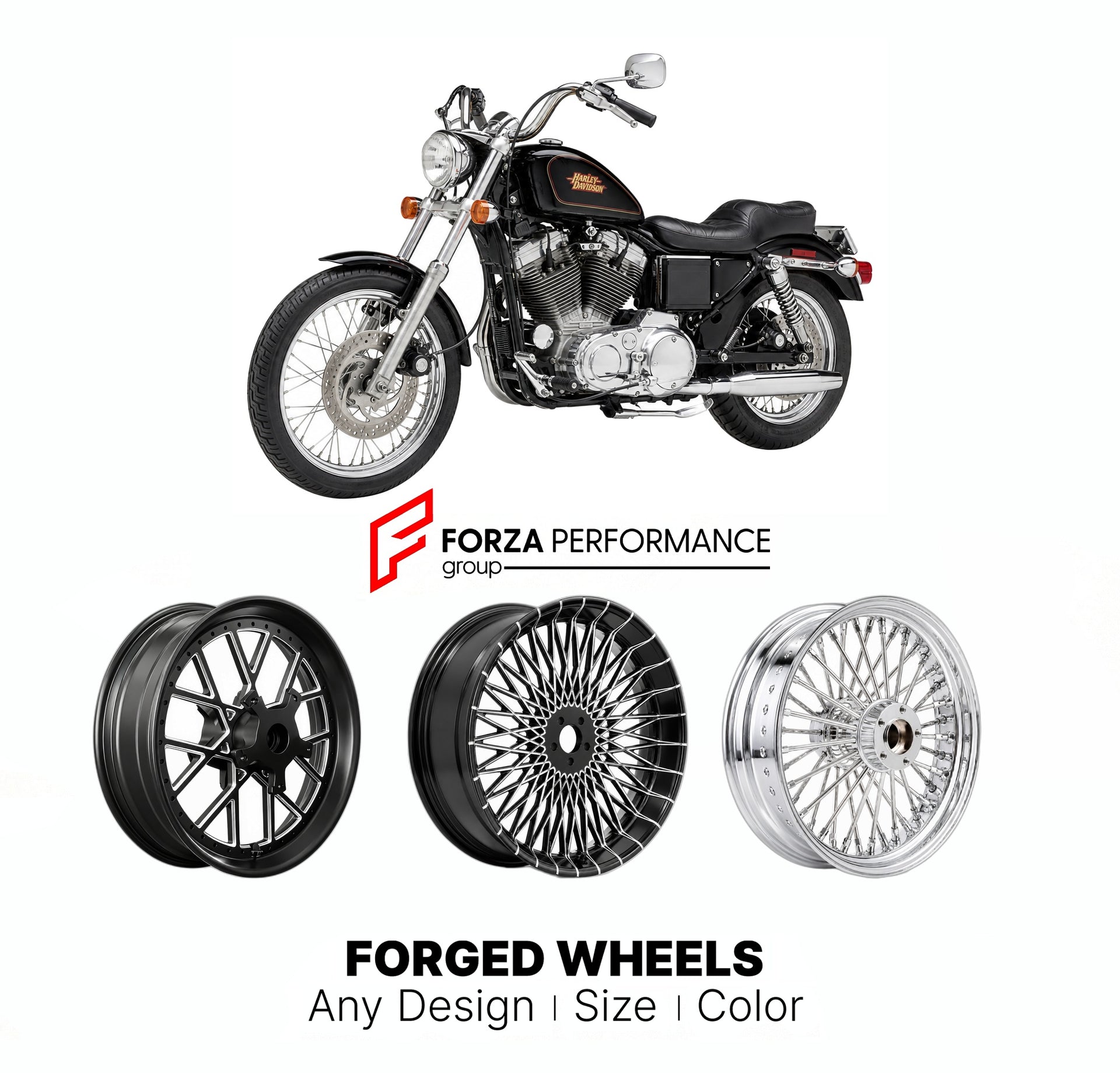 Custom forged motorcycle wheels for Harley Davidson Sportster 883 1986 - 2003. Any size, color and finish. ABS/non-ABS fitment available.

We manufacture premium quality forged motorcycle wheels rims for Harley Davidson Sportster 883 1986 - 2003 in any design, size, color.

We ensure your wheel set is delivered and fitted perfectly.

Finishing: Any

Optional for an additional price: Dual-Color, Brushing, Chroming, Polishing, Carbon Barrel.

We offer motorcycle wheels in many sizes: 12, 13, 14, 15, 16, 17, 1