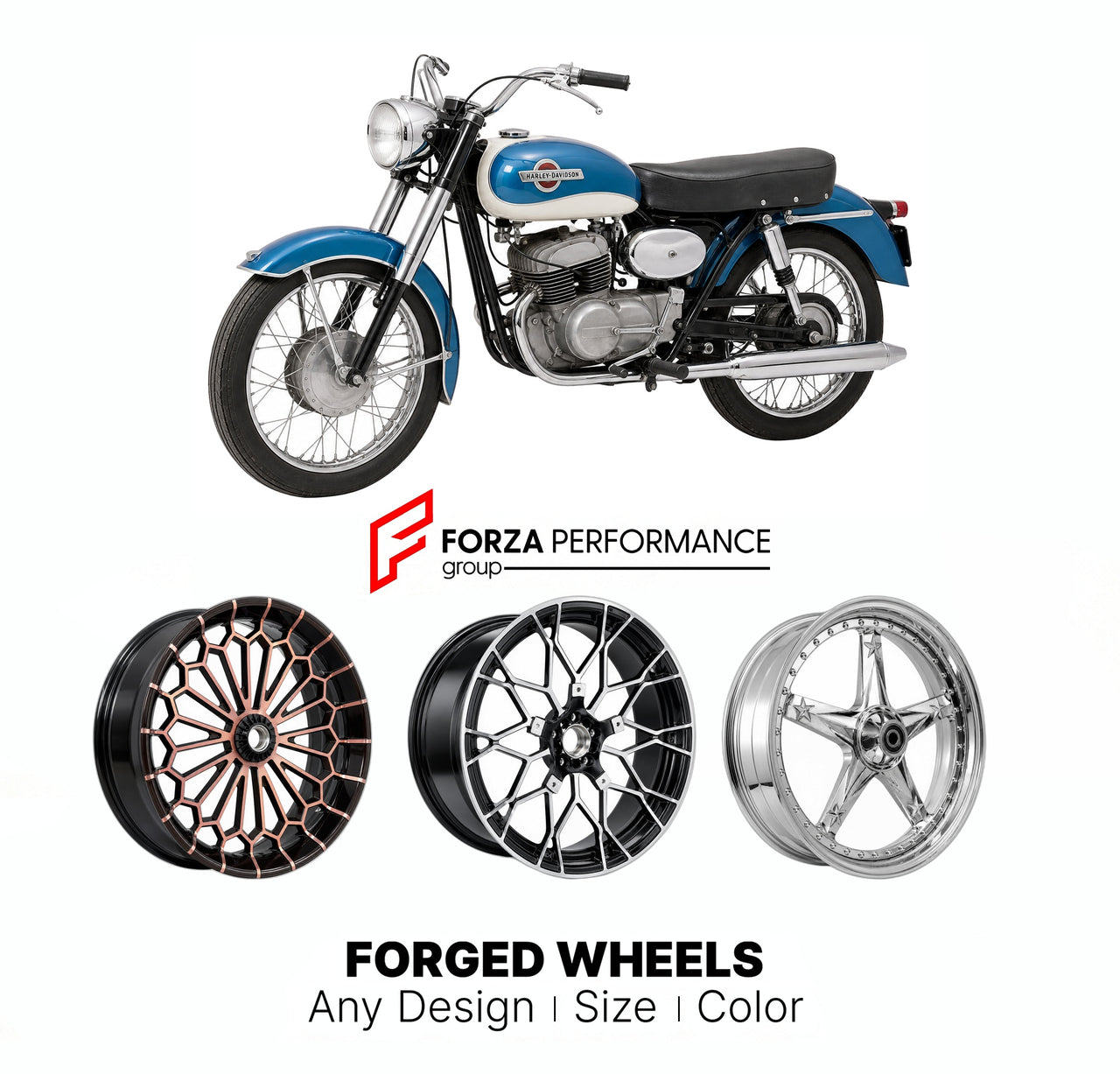 Custom forged motorcycle wheels for Harley Davidson Sprint C 1961 - 1968. Any size, color and finish. ABS/non-ABS fitment available.

We manufacture premium quality forged motorcycle wheels rims for Harley Davidson Sprint C 1961 - 1968 in any design, size, color.

We ensure your wheel set is delivered and fitted perfectly.

Finishing: Any

Optional for an additional price: Dual-Color, Brushing, Chroming, Polishing, Carbon Barrel.

We offer motorcycle wheels in many sizes: 12, 13, 14, 15, 16, 17, 18, 19, 20,