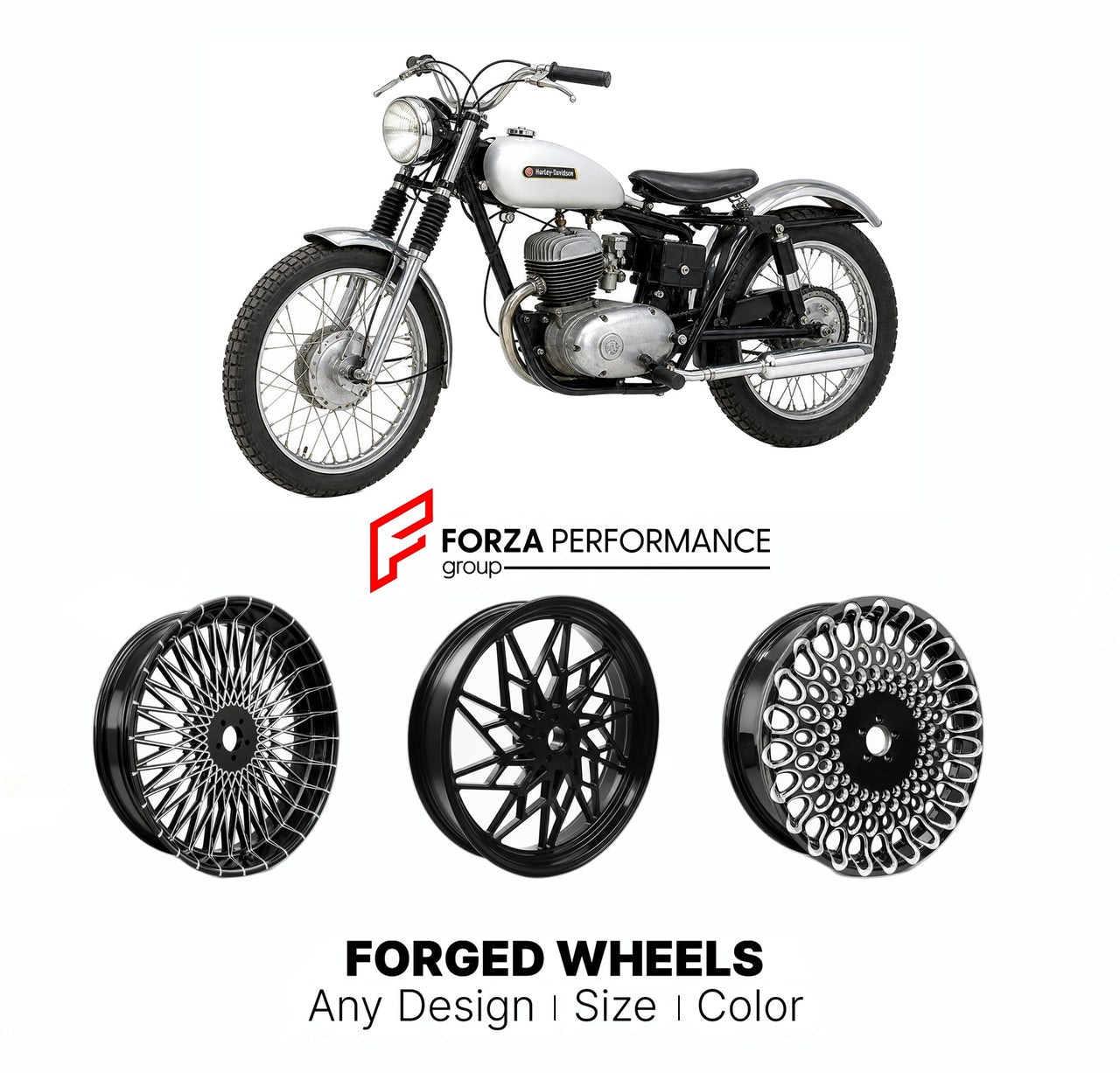 Custom forged motorcycle wheels for Harley Davidson Sprint H 1961 - 1968. Any size, color and finish. ABS/non-ABS fitment available.

We manufacture premium quality forged motorcycle wheels rims for Harley Davidson Sprint H 1961 - 1968 in any design, size, color.

We ensure your wheel set is delivered and fitted perfectly.

Finishing: Any

Optional for an additional price: Dual-Color, Brushing, Chroming, Polishing, Carbon Barrel.

We offer motorcycle wheels in many sizes: 12, 13, 14, 15, 16, 17, 18, 19, 20,