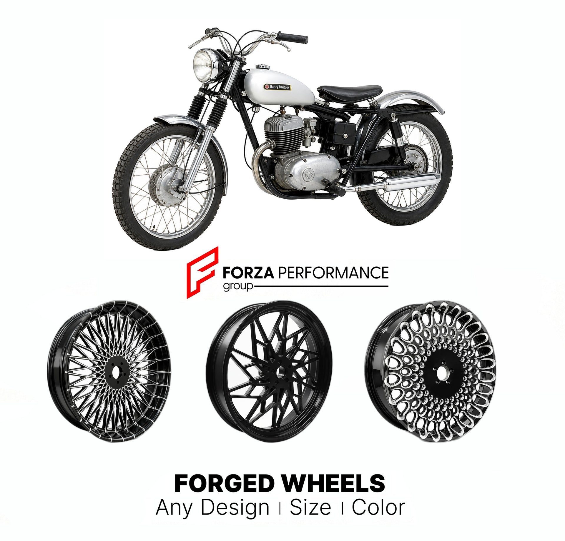 Custom forged motorcycle wheels for Harley Davidson Sprint H 1961 - 1968. Any size, color and finish. ABS/non-ABS fitment available.

We manufacture premium quality forged motorcycle wheels rims for Harley Davidson Sprint H 1961 - 1968 in any design, size, color.

We ensure your wheel set is delivered and fitted perfectly.

Finishing: Any

Optional for an additional price: Dual-Color, Brushing, Chroming, Polishing, Carbon Barrel.

We offer motorcycle wheels in many sizes: 12, 13, 14, 15, 16, 17, 18, 19, 20,