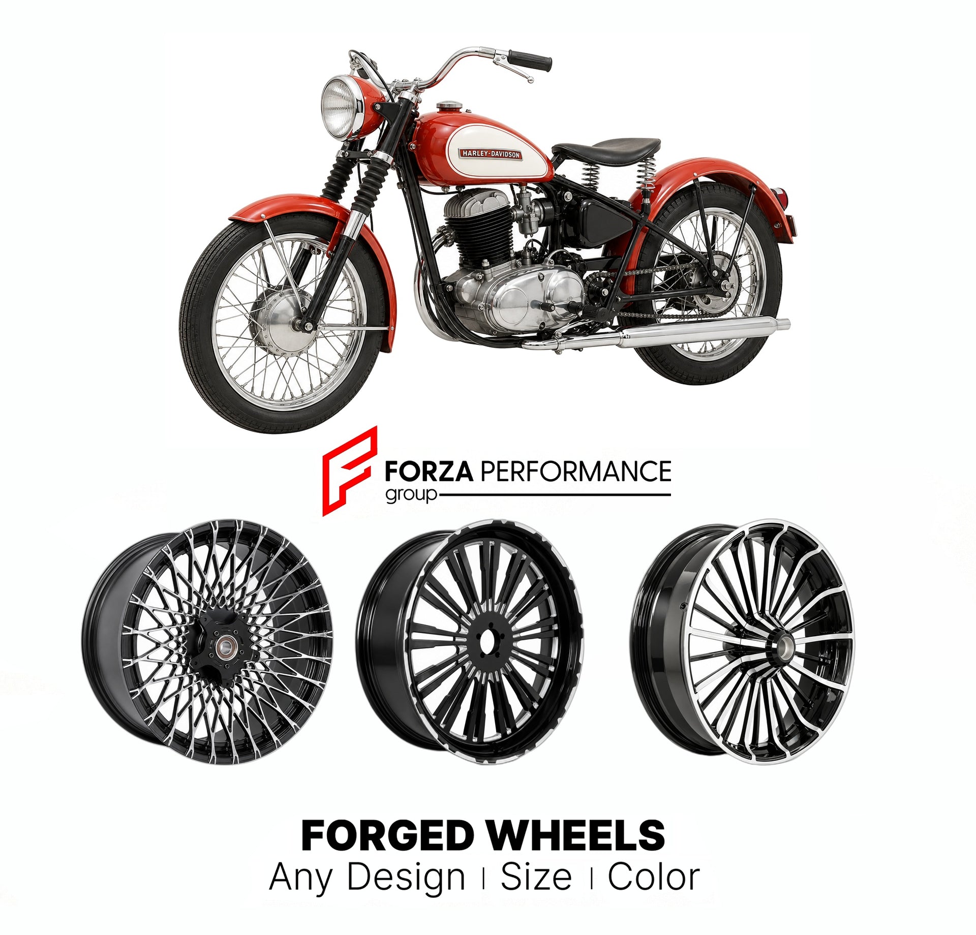 Custom forged motorcycle wheels for Harley Davidson Super 10 1960 - 1961. Any size, color and finish. ABS/non-ABS fitment available.

We manufacture premium quality forged motorcycle wheels rims for Harley Davidson Super 10 1960 - 1961 in any design, size, color.

We ensure your wheel set is delivered and fitted perfectly.

Finishing: Any

Optional for an additional price: Dual-Color, Brushing, Chroming, Polishing, Carbon Barrel.

We offer motorcycle wheels in many sizes: 12, 13, 14, 15, 16, 17, 18, 19, 20,