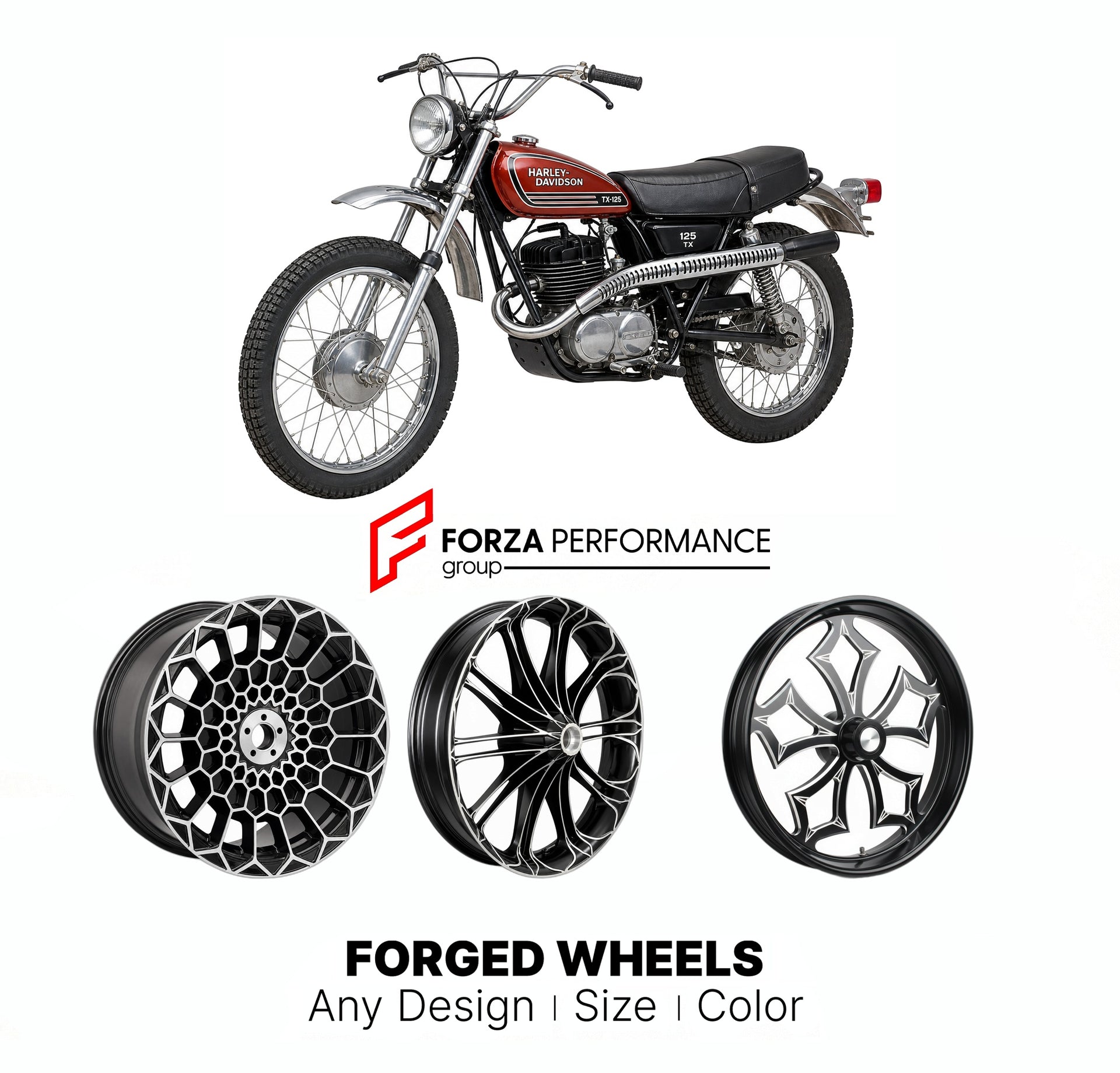 Custom forged motorcycle wheels for Harley Davidson TX 125 1973 - 1973. Any size, color and finish. ABS/non-ABS fitment available.

We manufacture premium quality forged motorcycle wheels rims for Harley Davidson TX 125 1973 - 1973 in any design, size, color.

We ensure your wheel set is delivered and fitted perfectly.

Finishing: Any

Optional for an additional price: Dual-Color, Brushing, Chroming, Polishing, Carbon Barrel.

We offer motorcycle wheels in many sizes: 12, 13, 14, 15, 16, 17, 18, 19, 20, 21,