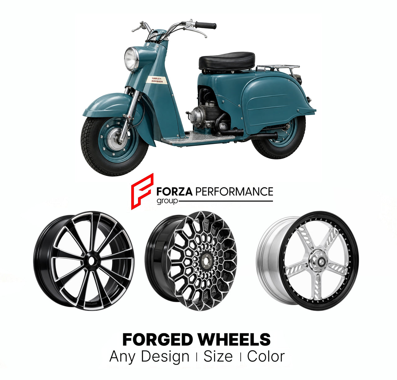 Custom forged motorcycle wheels for Harley Davidson Topper 1960 - 1965. Any size, color and finish. ABS/non-ABS fitment available.

We manufacture premium quality forged motorcycle wheels rims for Harley Davidson Topper 1960 - 1965 in any design, size, color.

We ensure your wheel set is delivered and fitted perfectly.

Finishing: Any

Optional for an additional price: Dual-Color, Brushing, Chroming, Polishing, Carbon Barrel.

We offer motorcycle wheels in many sizes: 12, 13, 14, 15, 16, 17, 18, 19, 20, 21,