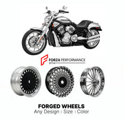 Custom forged motorcycle wheels for Harley Davidson VRSCAW V-Rod 2007 - 2010. Any size, color and finish. ABS/non-ABS fitment available.

We manufacture premium quality forged motorcycle wheels rims for Harley Davidson VRSCAW V-Rod 2007 - 2010 in any design, size, color.

We ensure your wheel set is delivered and fitted perfectly.

Finishing: Any

Optional for an additional price: Dual-Color, Brushing, Chroming, Polishing, Carbon Barrel.

We offer motorcycle wheels in many sizes: 12, 13, 14, 15, 16, 17, 18,