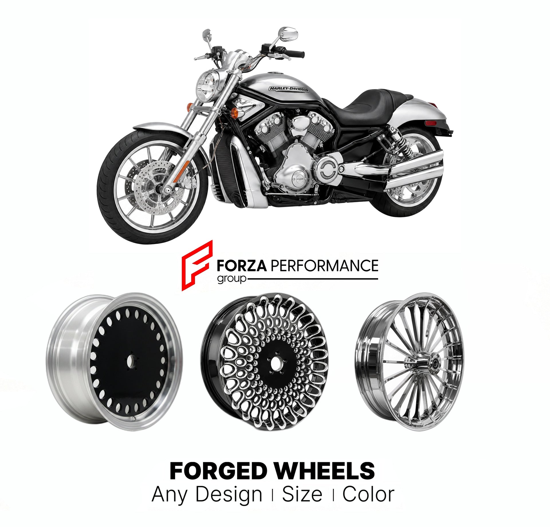 Custom forged motorcycle wheels for Harley Davidson VRSCAW V-Rod 2007 - 2010. Any size, color and finish. ABS/non-ABS fitment available.

We manufacture premium quality forged motorcycle wheels rims for Harley Davidson VRSCAW V-Rod 2007 - 2010 in any design, size, color.

We ensure your wheel set is delivered and fitted perfectly.

Finishing: Any

Optional for an additional price: Dual-Color, Brushing, Chroming, Polishing, Carbon Barrel.

We offer motorcycle wheels in many sizes: 12, 13, 14, 15, 16, 17, 18,
