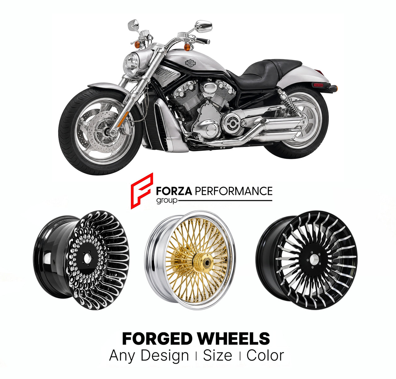 Custom forged motorcycle wheels for Harley Davidson VRSCA V-Rod 2002 - 2006. Any size, color and finish. ABS/non-ABS fitment available.

We manufacture premium quality forged motorcycle wheels rims for Harley Davidson VRSCA V-Rod 2002 - 2006 in any design, size, color.

We ensure your wheel set is delivered and fitted perfectly.

Finishing: Any

Optional for an additional price: Dual-Color, Brushing, Chroming, Polishing, Carbon Barrel.

We offer motorcycle wheels in many sizes: 12, 13, 14, 15, 16, 17, 18, 1
