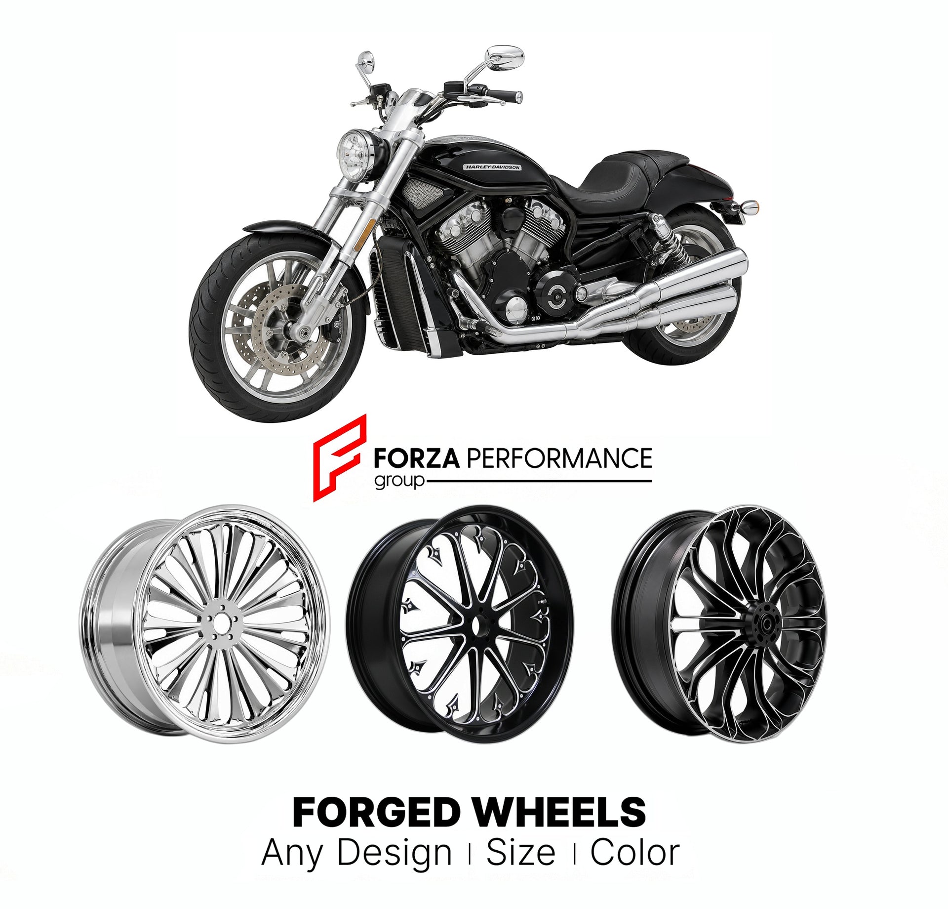 Custom forged motorcycle wheels for Harley Davidson VRSCB V-Rod 2004 - 2005. Any size, color and finish. ABS/non-ABS fitment available.

We manufacture premium quality forged motorcycle wheels rims for Harley Davidson VRSCB V-Rod 2004 - 2005 in any design, size, color.

We ensure your wheel set is delivered and fitted perfectly.

Finishing: Any

Optional for an additional price: Dual-Color, Brushing, Chroming, Polishing, Carbon Barrel.

We offer motorcycle wheels in many sizes: 12, 13, 14, 15, 16, 17, 18, 1