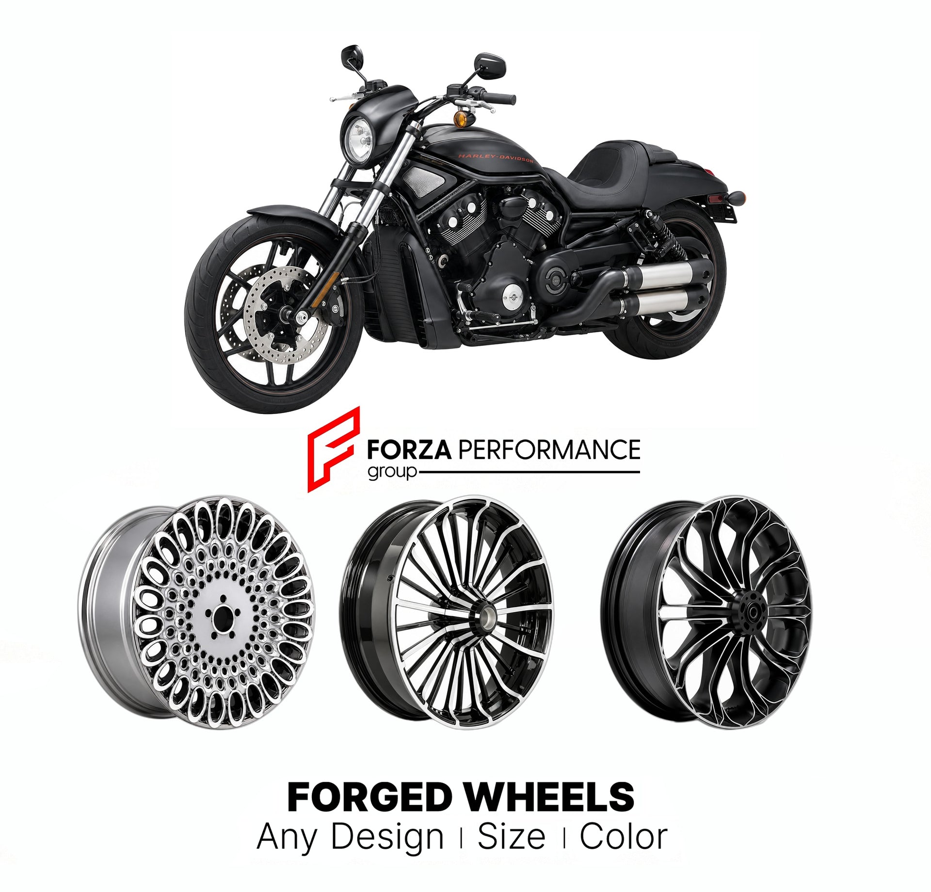 Custom forged motorcycle wheels for Harley Davidson VRSCDX Night Rod Special 2007 - 2017. Any size, color and finish. ABS/non-ABS fitment available.

We manufacture premium quality forged motorcycle wheels rims for Harley Davidson VRSCDX Night Rod Special 2007 - 2017 in any design, size, color.

We ensure your wheel set is delivered and fitted perfectly.

Finishing: Any

Optional for an additional price: Dual-Color, Brushing, Chroming, Polishing, Carbon Barrel.

We offer motorcycle wheels in many sizes: 12,