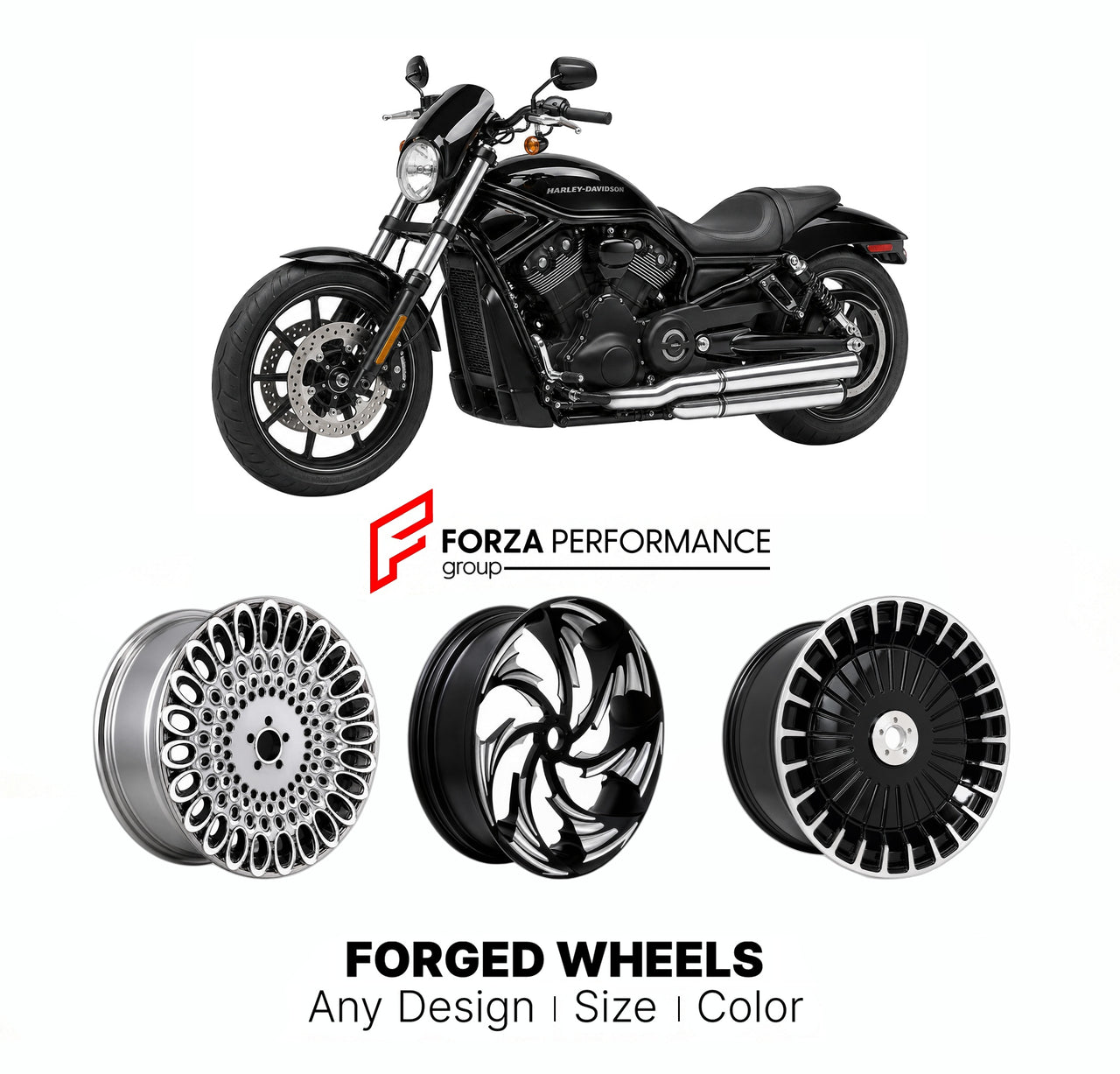 Custom forged motorcycle wheels for Harley Davidson VRSCD Night Rod 2006 - 2008. Any size, color and finish. ABS/non-ABS fitment available.

We manufacture premium quality forged motorcycle wheels rims for Harley Davidson VRSCD Night Rod 2006 - 2008 in any design, size, color.

We ensure your wheel set is delivered and fitted perfectly.

Finishing: Any

Optional for an additional price: Dual-Color, Brushing, Chroming, Polishing, Carbon Barrel.

We offer motorcycle wheels in many sizes: 12, 13, 14, 15, 16, 1