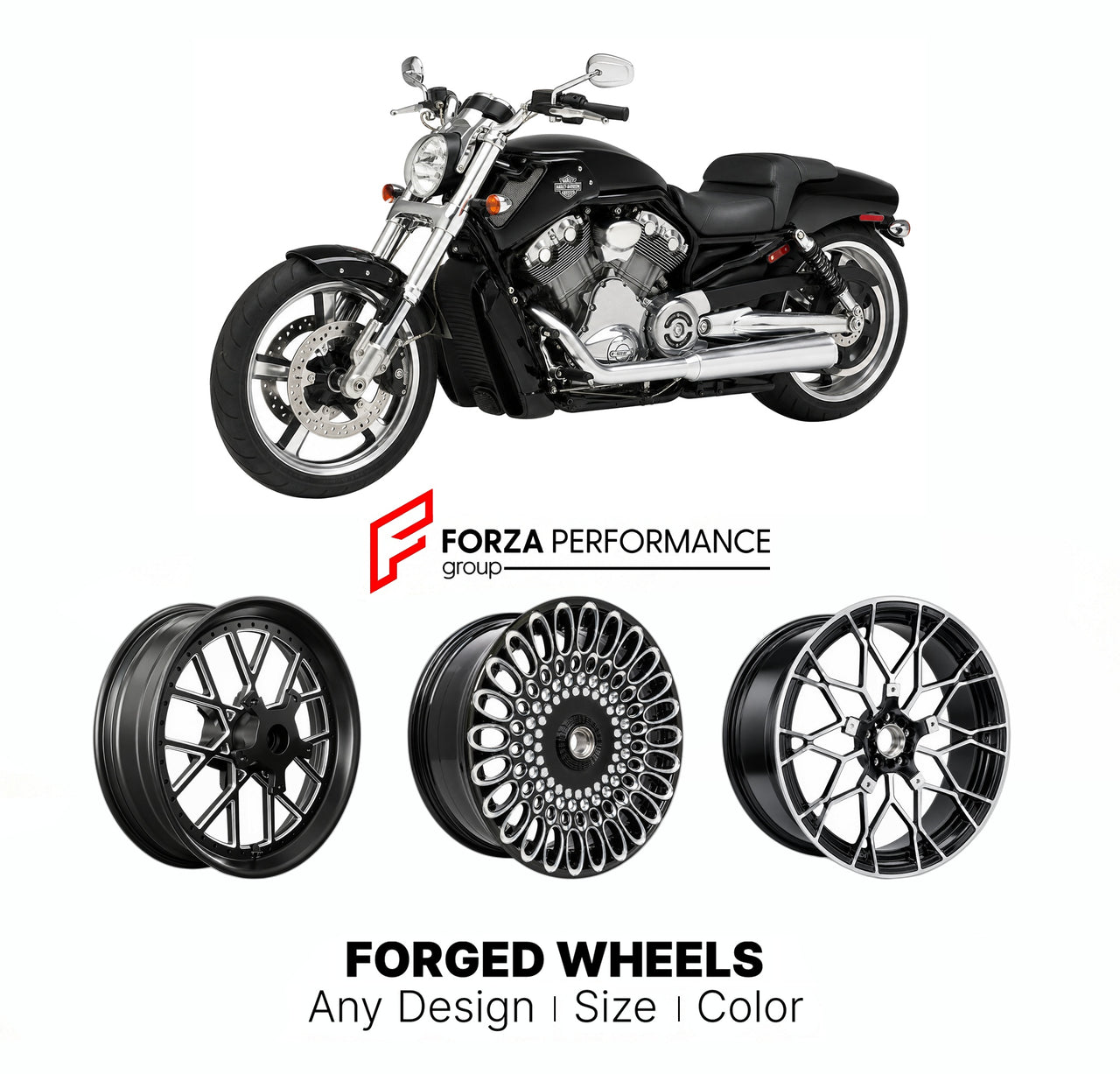 Custom forged motorcycle wheels for Harley Davidson VRSCF V-Rod Muscle 2009 - 2017. Any size, color and finish. ABS/non-ABS fitment available.

We manufacture premium quality forged motorcycle wheels rims for Harley Davidson VRSCF V-Rod Muscle 2009 - 2017 in any design, size, color.

We ensure your wheel set is delivered and fitted perfectly.

Finishing: Any

Optional for an additional price: Dual-Color, Brushing, Chroming, Polishing, Carbon Barrel.

We offer motorcycle wheels in many sizes: 12, 13, 14, 15,