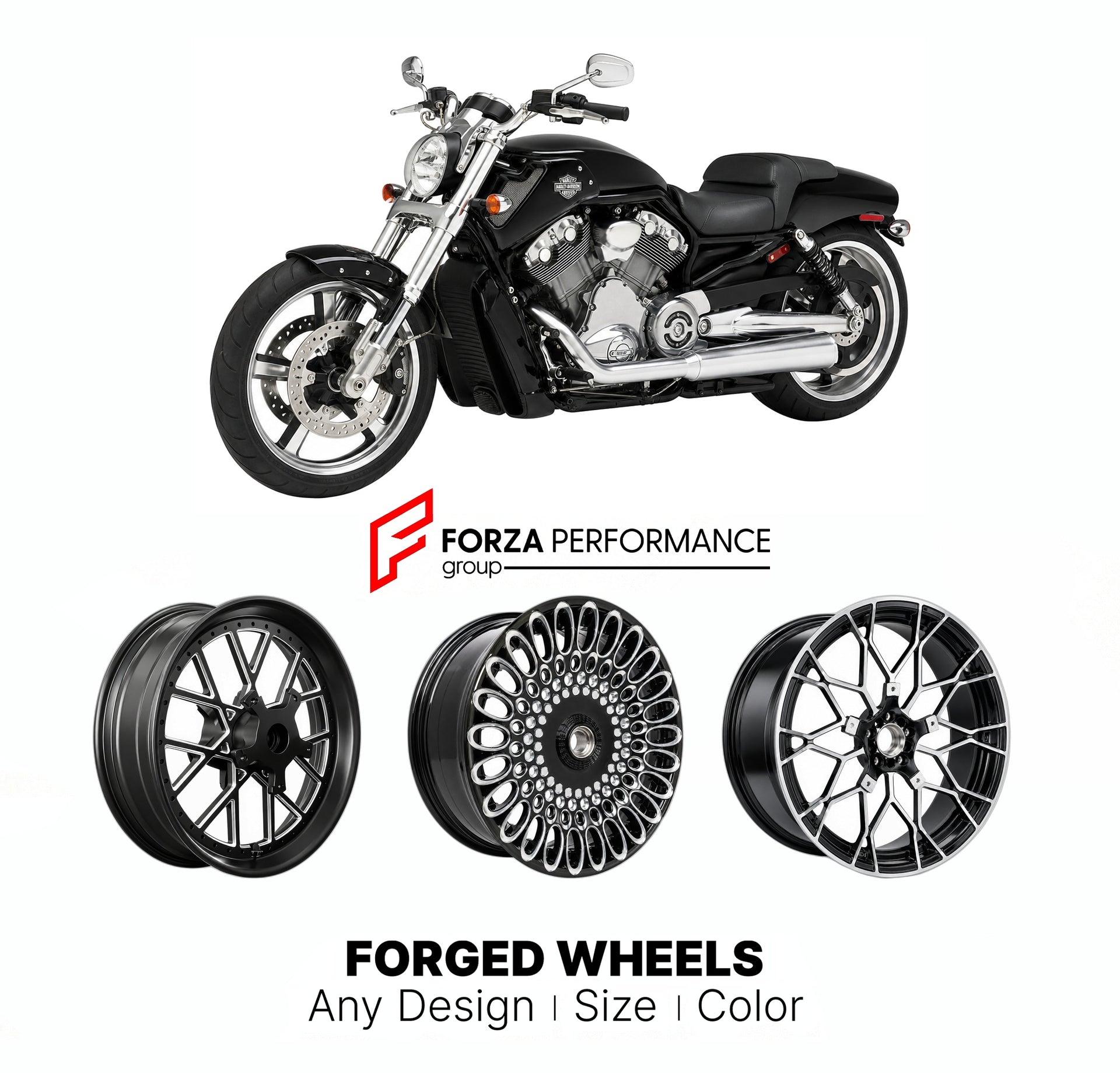 Custom forged motorcycle wheels for Harley Davidson VRSCF V-Rod Muscle 2009 - 2017. Any size, color and finish. ABS/non-ABS fitment available.

We manufacture premium quality forged motorcycle wheels rims for Harley Davidson VRSCF V-Rod Muscle 2009 - 2017 in any design, size, color.

We ensure your wheel set is delivered and fitted perfectly.

Finishing: Any

Optional for an additional price: Dual-Color, Brushing, Chroming, Polishing, Carbon Barrel.

We offer motorcycle wheels in many sizes: 12, 13, 14, 15,