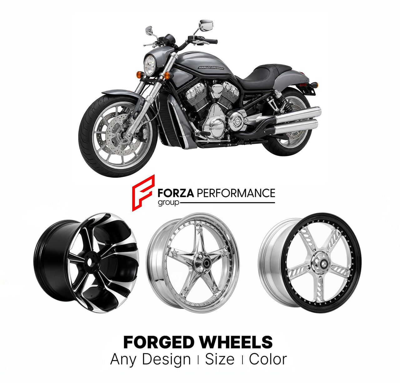 Custom forged motorcycle wheels for Harley Davidson VRSCR Street Rod 2006 - 2007. Any size, color and finish. ABS/non-ABS fitment available.

We manufacture premium quality forged motorcycle wheels rims for Harley Davidson VRSCR Street Rod 2006 - 2007 in any design, size, color.

We ensure your wheel set is delivered and fitted perfectly.

Finishing: Any

Optional for an additional price: Dual-Color, Brushing, Chroming, Polishing, Carbon Barrel.

We offer motorcycle wheels in many sizes: 12, 13, 14, 15, 16,