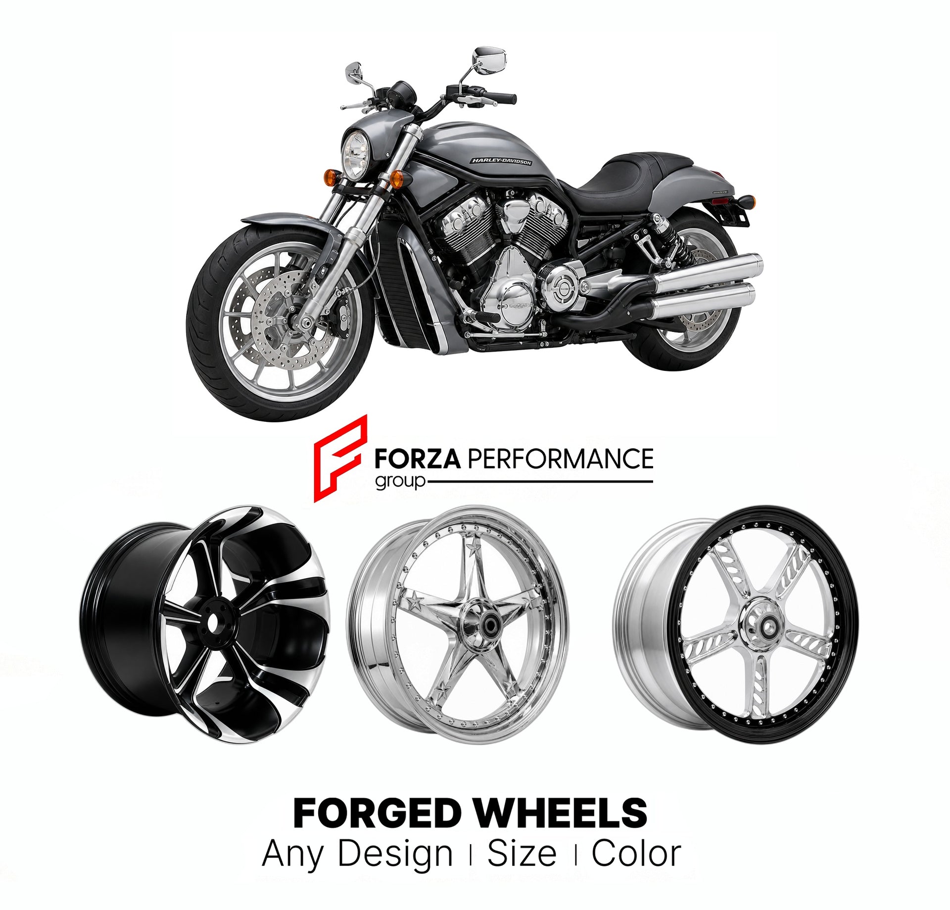 Custom forged motorcycle wheels for Harley Davidson VRSCR Street Rod 2006 - 2007. Any size, color and finish. ABS/non-ABS fitment available.

We manufacture premium quality forged motorcycle wheels rims for Harley Davidson VRSCR Street Rod 2006 - 2007 in any design, size, color.

We ensure your wheel set is delivered and fitted perfectly.

Finishing: Any

Optional for an additional price: Dual-Color, Brushing, Chroming, Polishing, Carbon Barrel.

We offer motorcycle wheels in many sizes: 12, 13, 14, 15, 16,